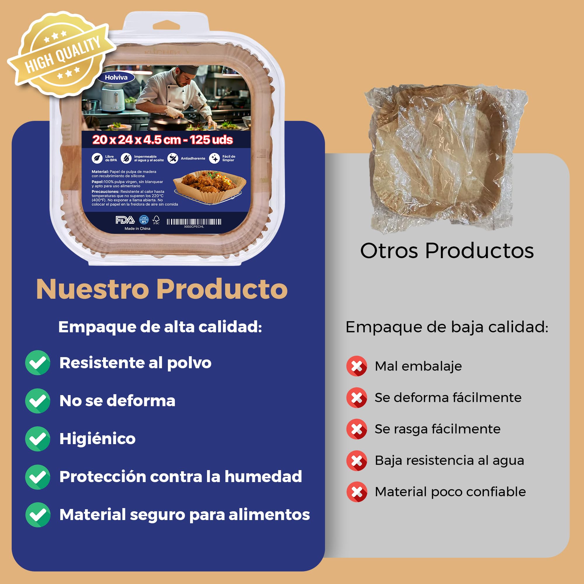 Papel para Air Fryer Desechable Antiadherente Premium 125 Unidades, Papel para Freidora de Aire 20x24 cm, Resistente al Calor, Sin BPA, Compatible con Cosori, Cecotec, Ninja y Philips – Holviva — view 5