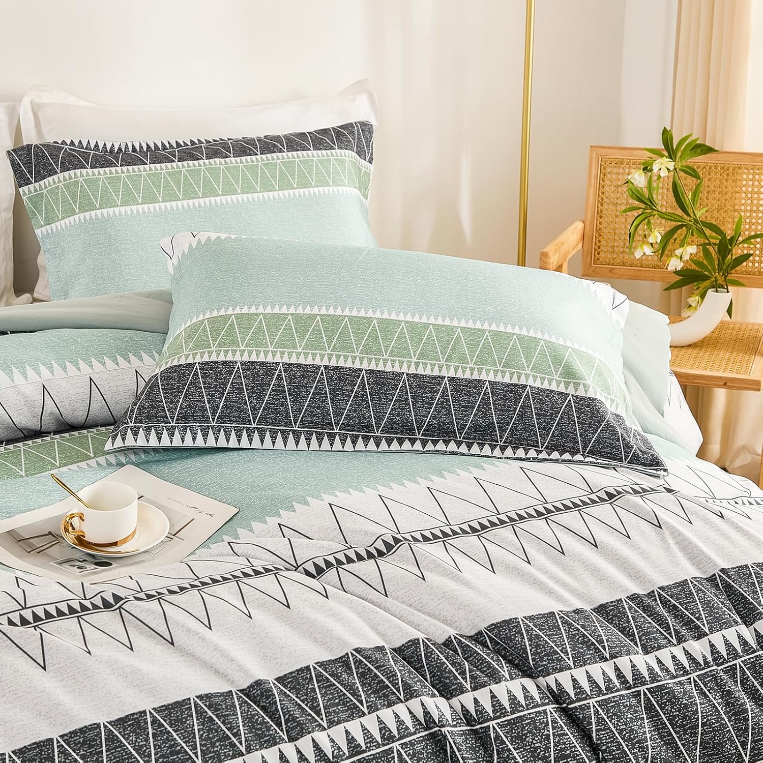 WONGS BEDDING Queen Comforter Set-Sage Green Comforter, Reversible Boho Striped Bedding Set for Queen Bed - 3 Pieces (1 Comforter + 2 Pillowcases), Soft Microfiber Down Alternative (90"x 90") - Image 6