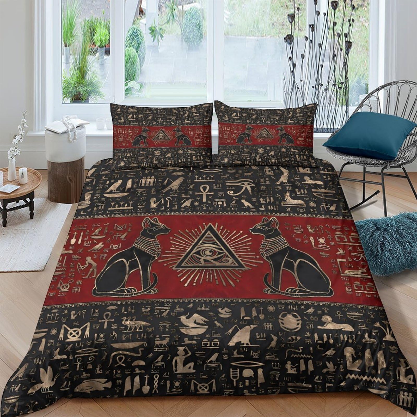 Ctjqhvkz Style-4 3D Printed Egyptian Anubis Fitted Sheet Microfiber Soft Red Black Pyramid Bed Cover For Bedroom Guest Room Decor Single（135X200cm）