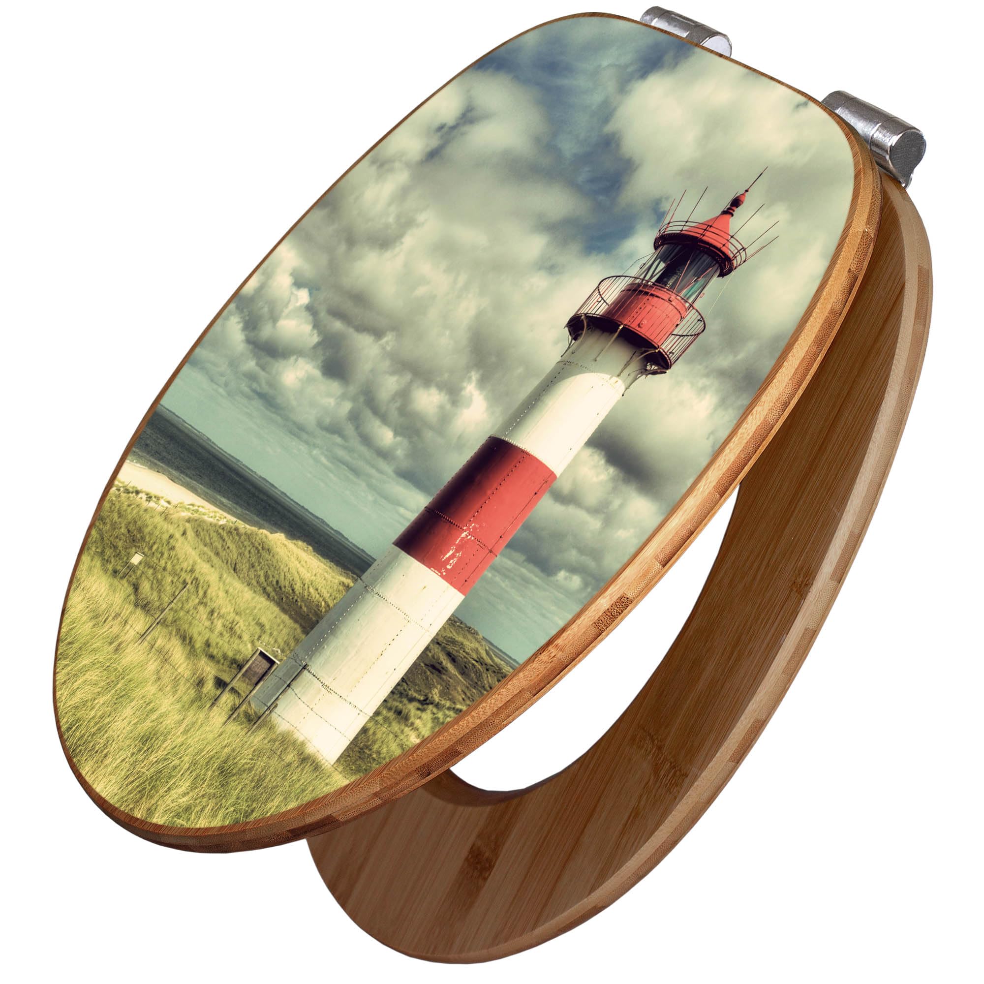 banjado Design WC Sitz Bambus Absenkautomatik 45,8x37,5cm - Toilettendeckel mit Absenkautomatik Holz - hochwertiger Bambus Klodeckel - WC-Sitz für gängigen Toiletten - Motiv Leuchtturm Sylt