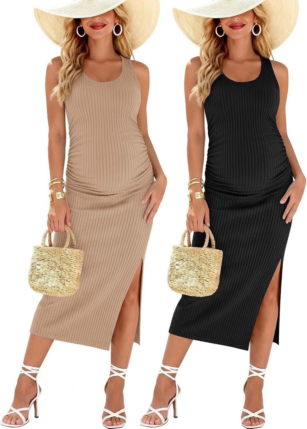 2 Pack Women's Split Long Maternity Dress Ribbed Knit Sleeveless Tank Dresses Crew Neck Ruched Pregnancy Clothes