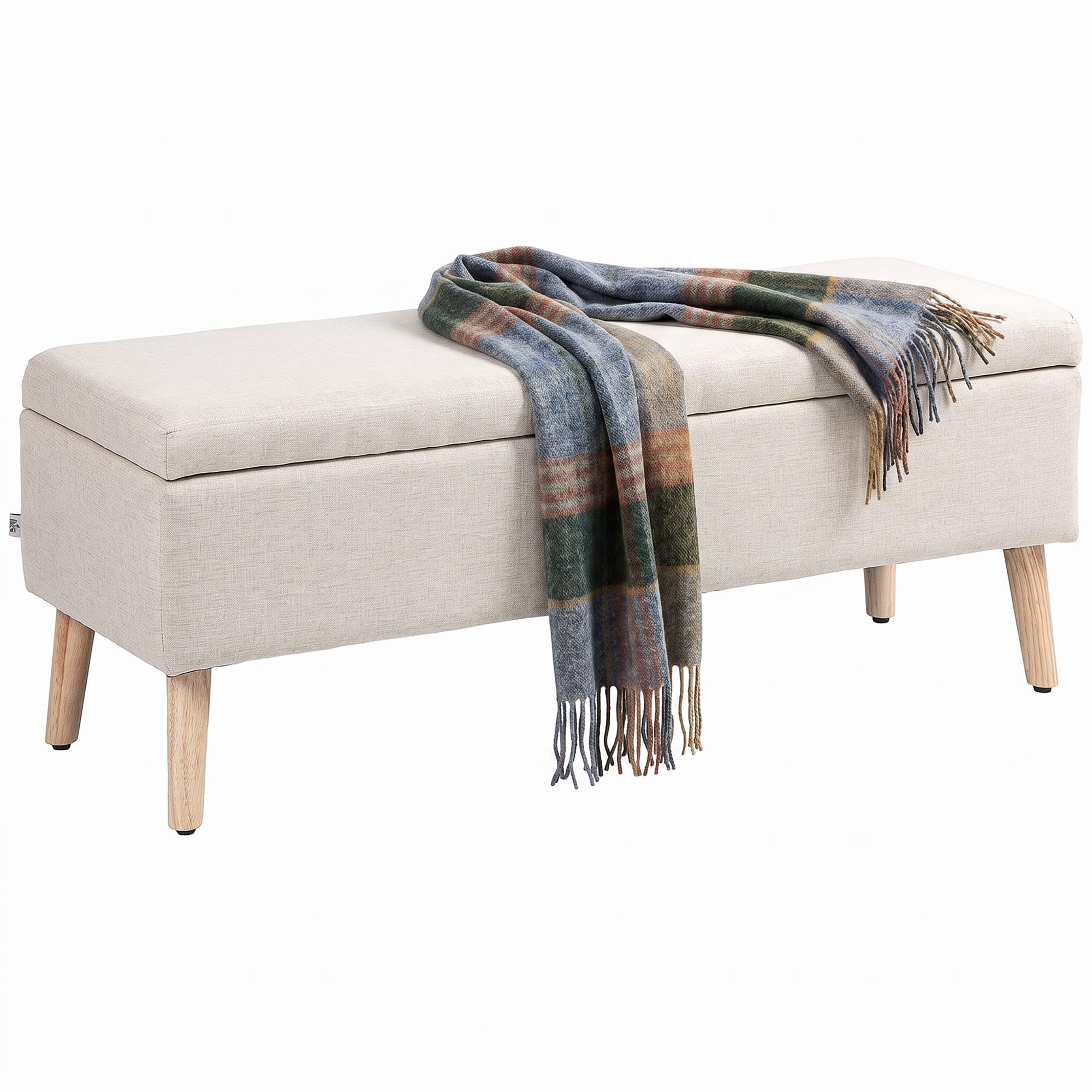 HOMCOM Banc Coffre Rangement Rembourré 110 x 39 x 45 cm Beige | Banc de Lit, Aspect Lin, pour Chambre à Coucher, Salon, Entrée, Charge 220 Kg