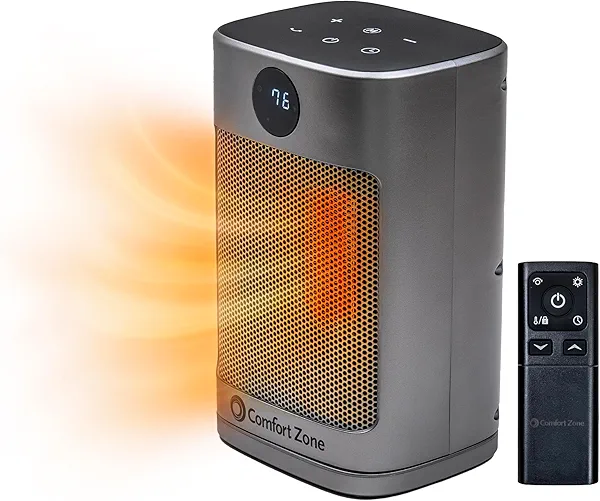 Comfort Zone Digital Desktop Heater, 1500W/1000W, ECO Mode, Thermostat, Remote Control, 12H Timer, Tip-Over & Overheat Protection, Portable Electric Space Heater for Indoor Use, Silver