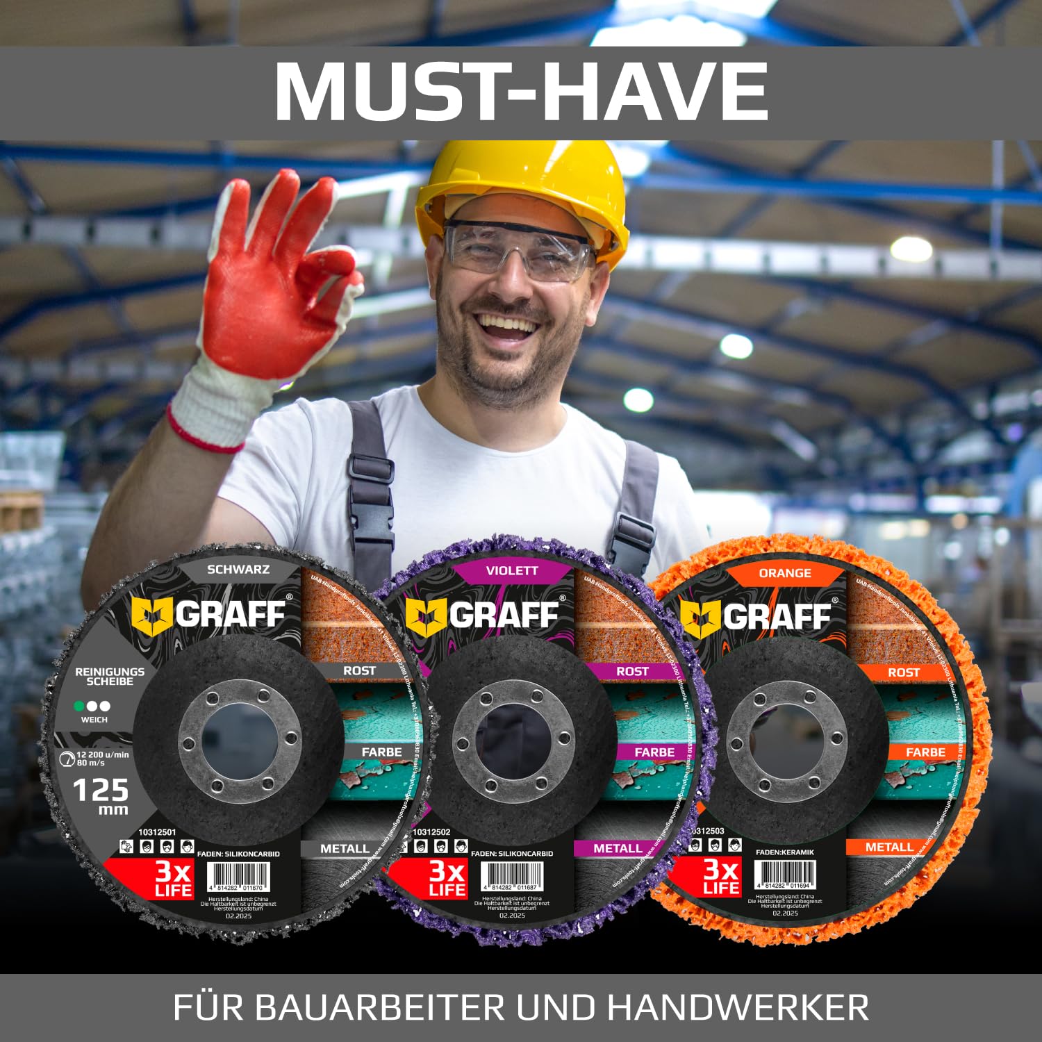 CSD Scheibe 125mm für Winkelschleifer – Reinigungsscheiben 125 mm Fein für Metall, Edelstahl, Stahl, Farbe – Schwarz Grobschleifscheiben, Gewebescheibe und Rostenferner für Flex 5 Stück GRAFF