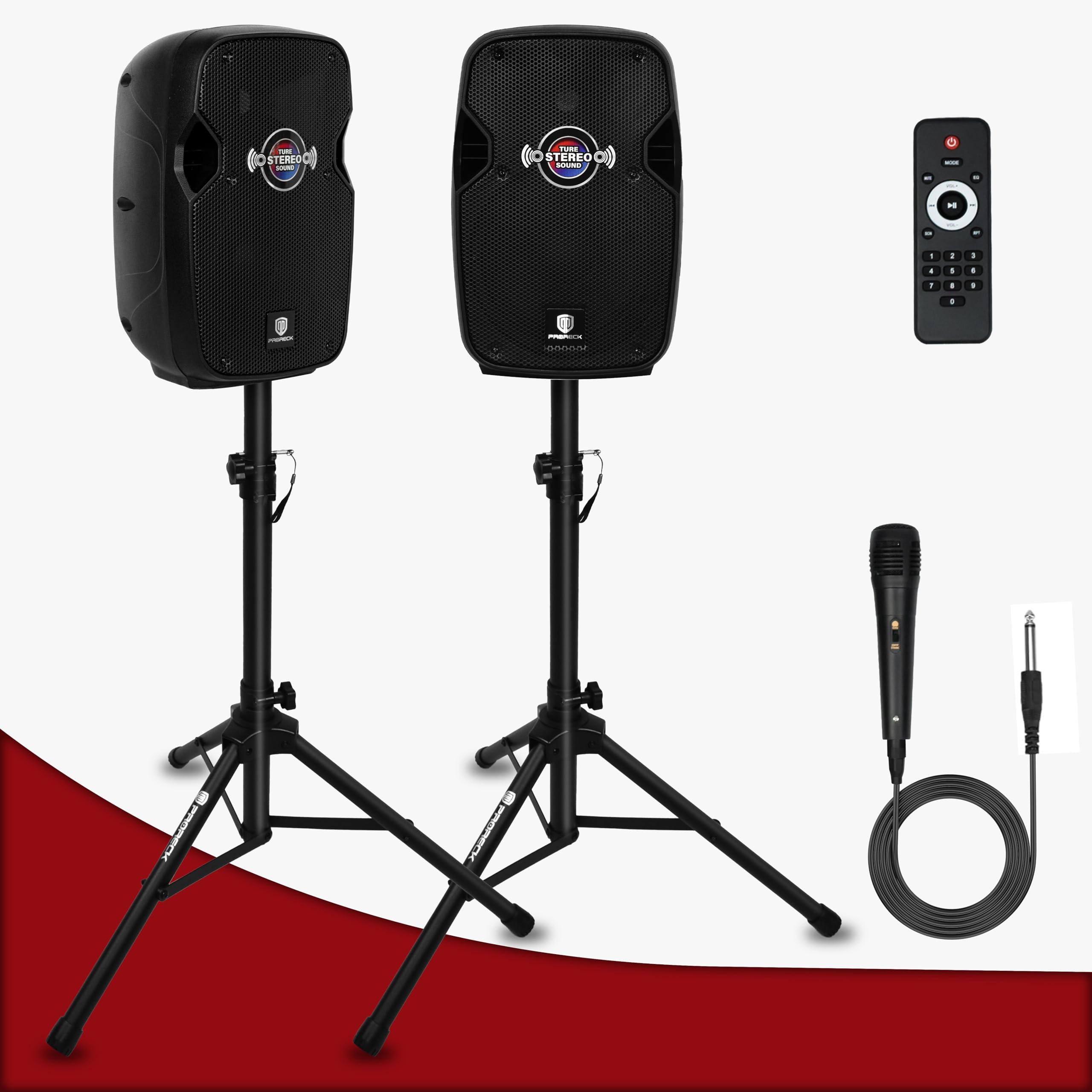 PRORECK 8-Zoll-Stereolautsprecher, 600 W Spitzenleistung, Bluetooth-PA-Lautsprecher, mit kabelgebundenem Mikrofon, Lautsprecherständern – tragbarer DJ-Lautsprecher für Partys, Veranstaltungen, Karaoke