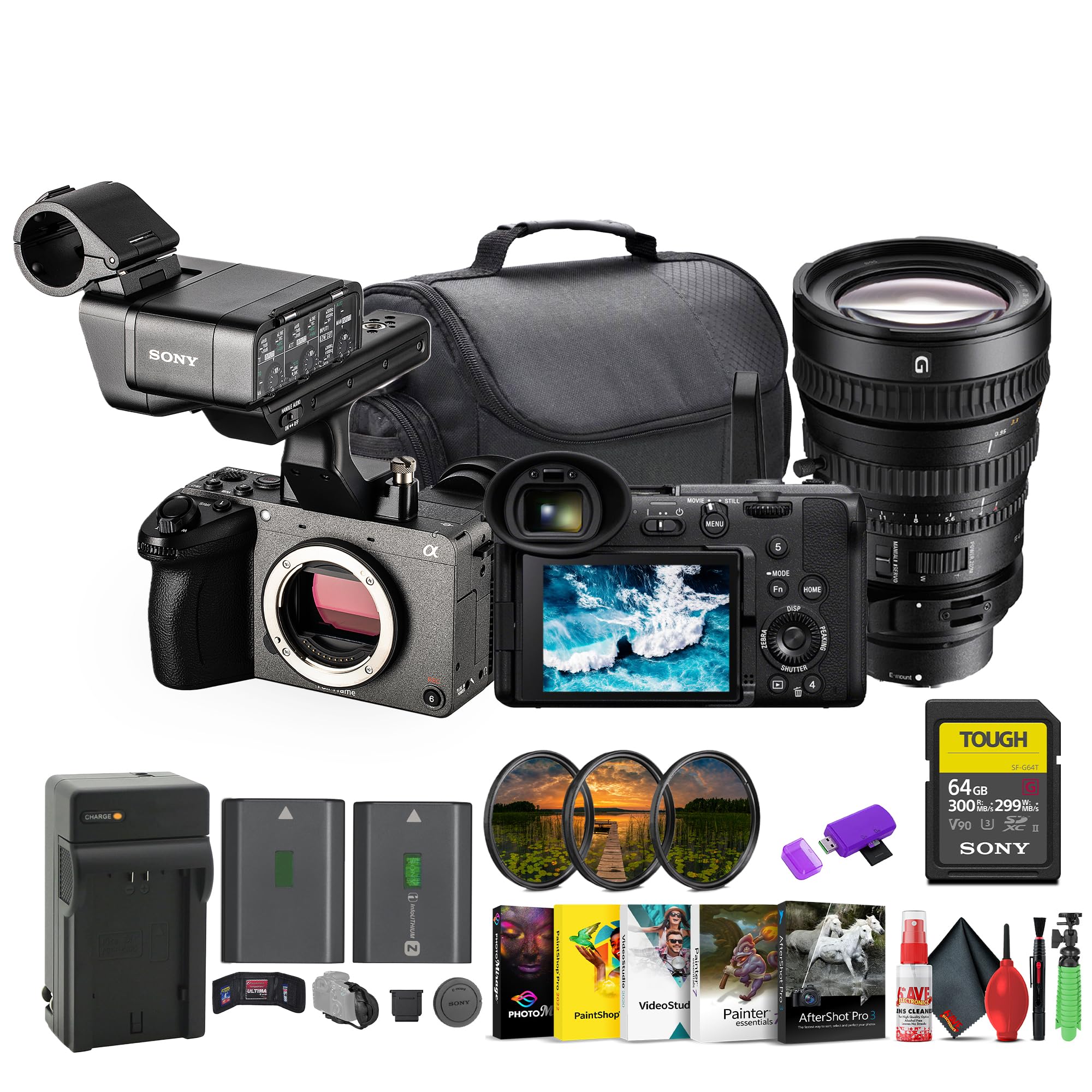 Sony FX2 Full-Frame Digital Cinema Camera w/XLR Handle | 33MP Sensor and AI Autofocus| Full-Frame 4K (ILME-FX2) + Sony 28-135mm Lens + 64GB Card + Lens Filter Kit + NP-FZ100 Battery + More
