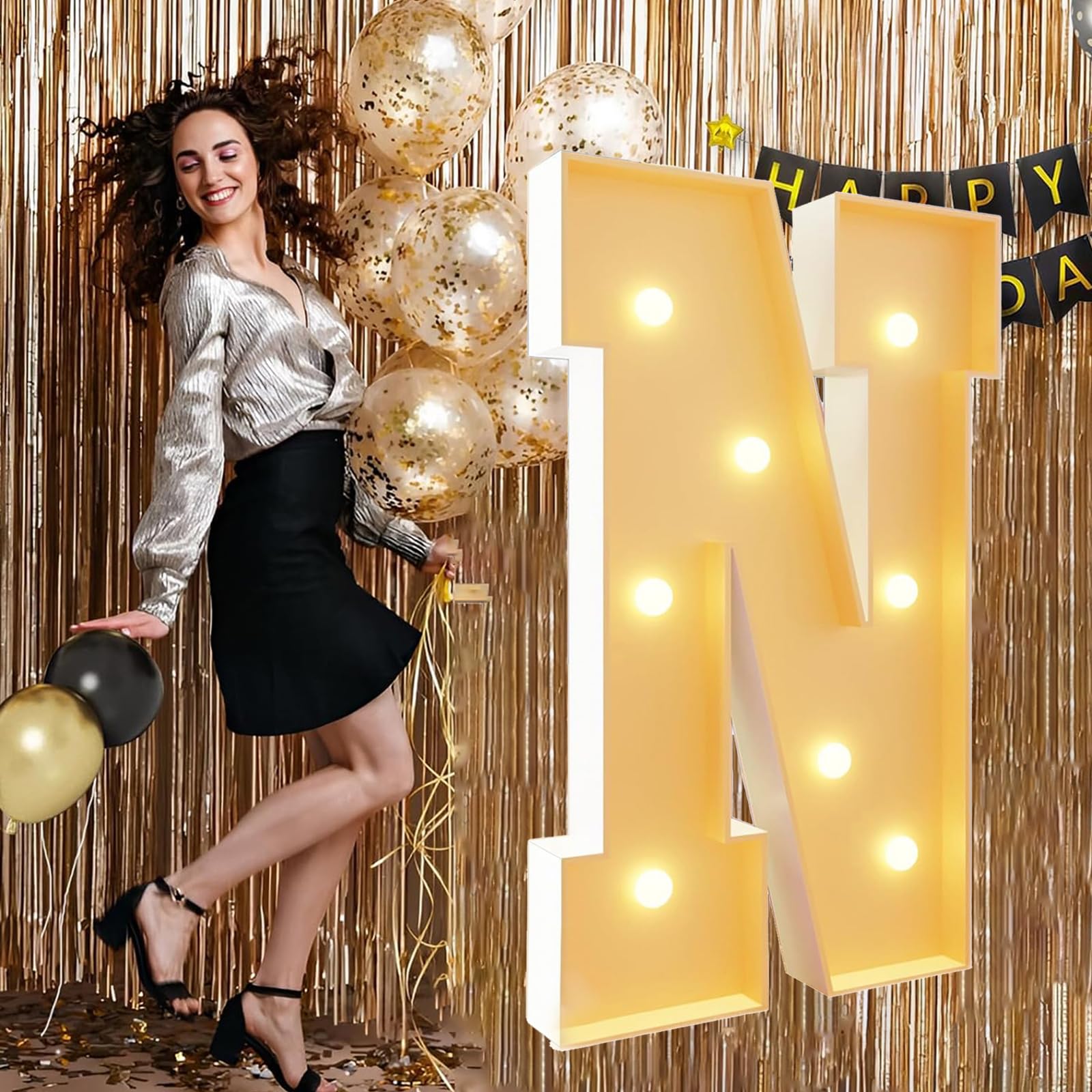 Marquee Letters 70Cm/2.3ft Mosaic Large Letters N Giant Light Up Letters for Balloon Pre-cut Foam Frame for Birthday Party Wedding Backdrop Decoration Anniversary Decor