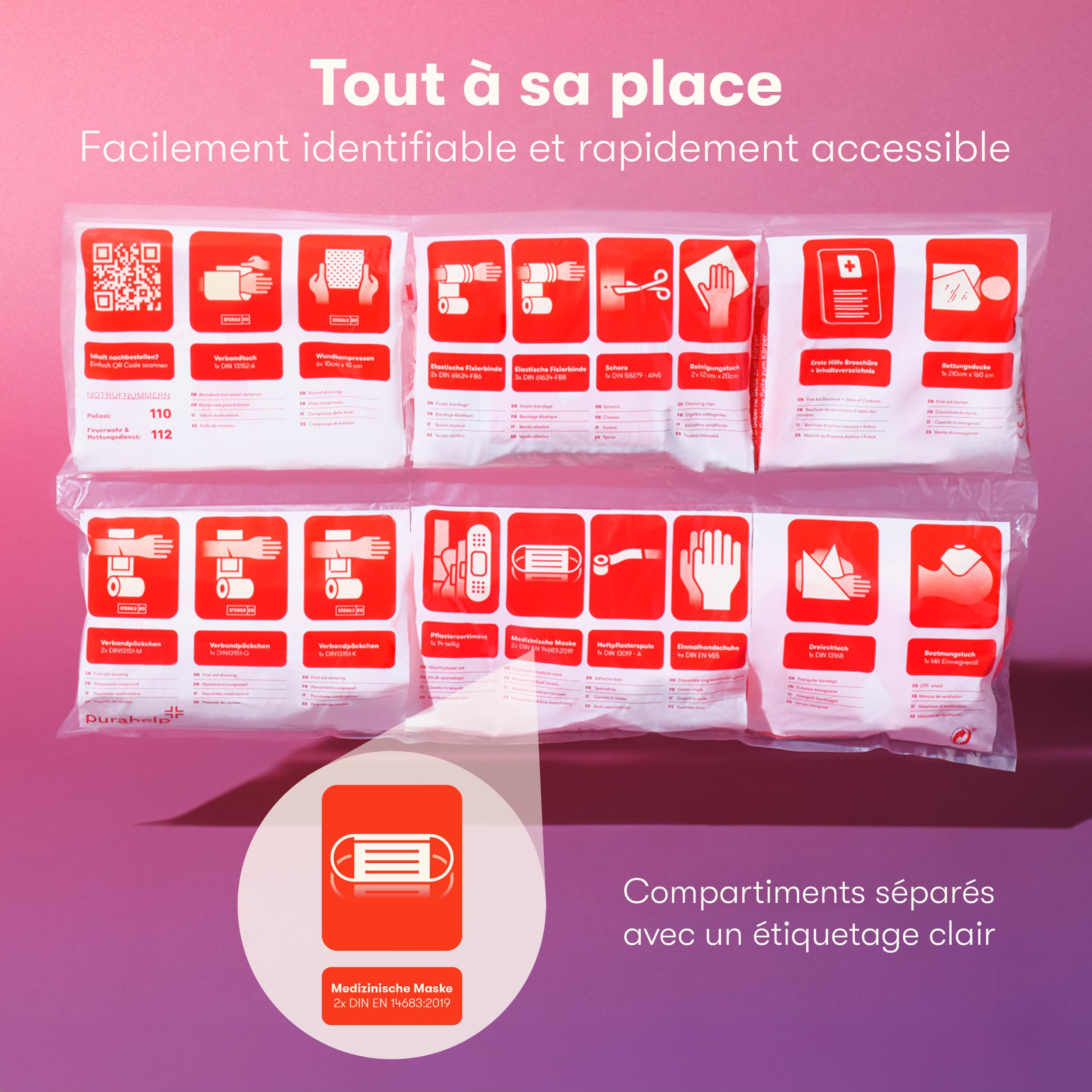 3-en-1 Kit Securite Voiture - Avec Triangle Voiture, Gilet Jaune et Trousse Premier Secours - Conforme Norme DIN 13164 - Triangle de Signalisation Voiture - Triangle et Gilet Jaune pour Voiture