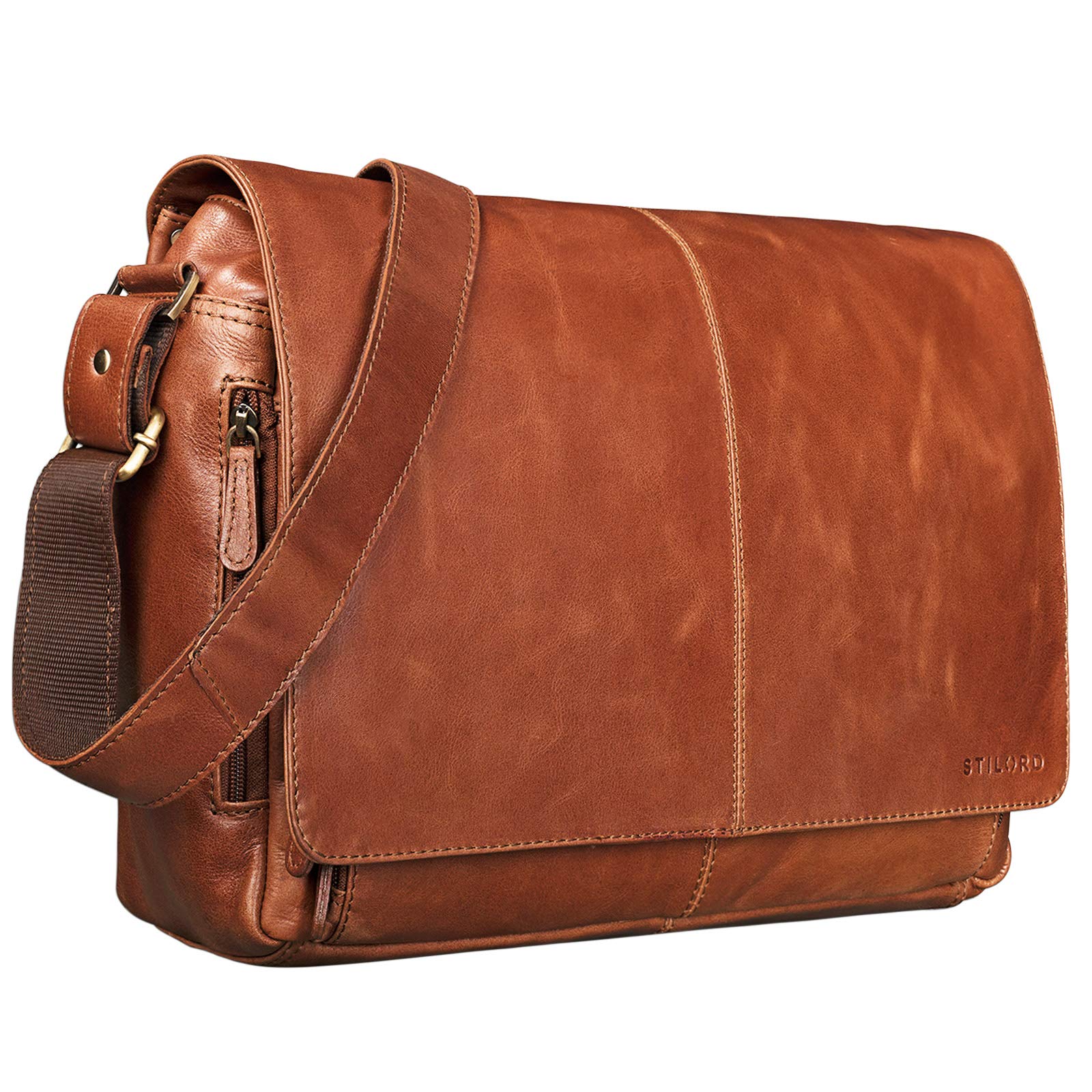 STILORD "Alex Vintage Ledertasche Männer Frauen Businesstasche zum Umhängen 15,6 Zoll Laptoptasche Aktentasche Unitasche Umhängetasche Leder Farbe:cognac - braun