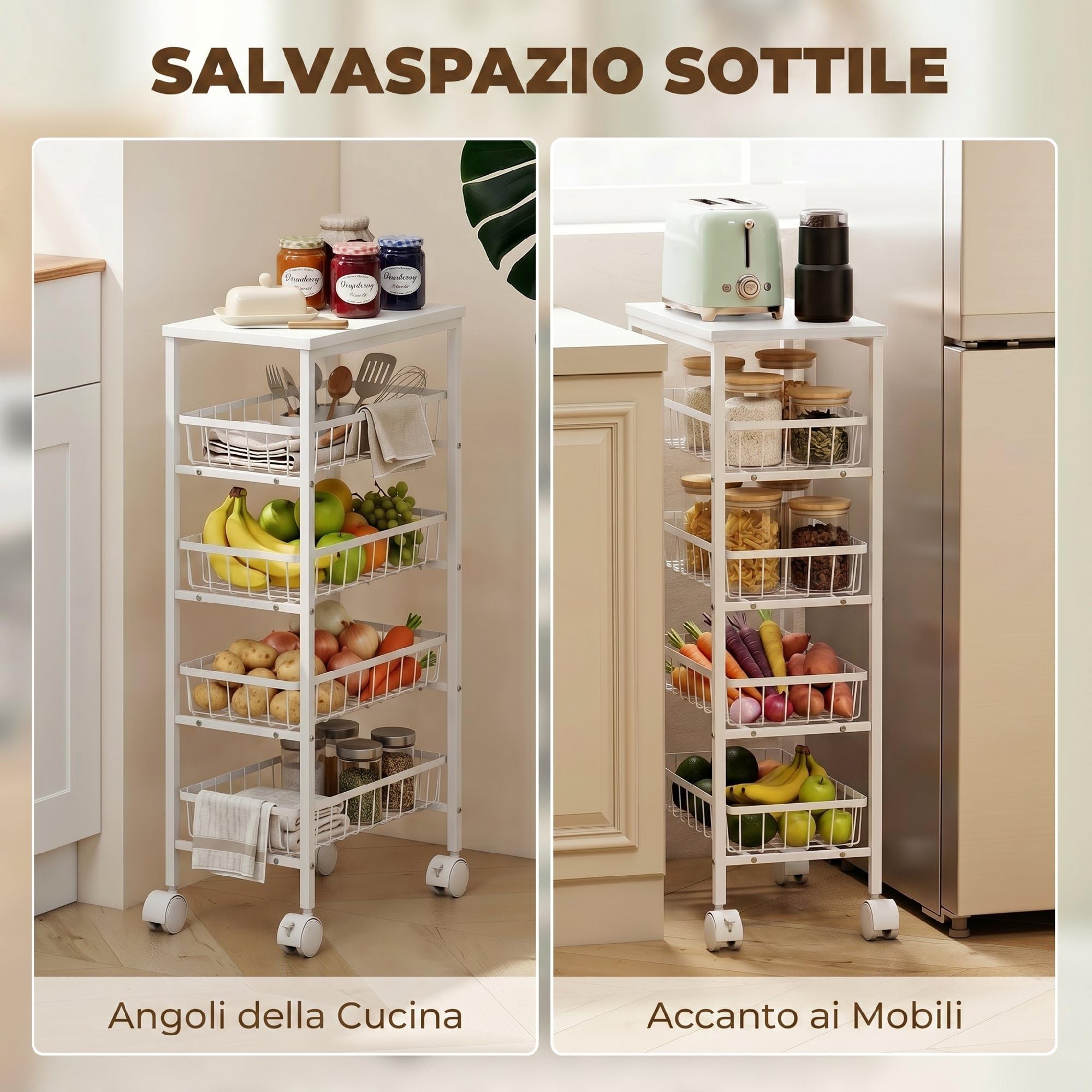HOMCOM Carrello Cucina 4 Cestelli Estraibili in Metallo 40x24x82 cm Bianco