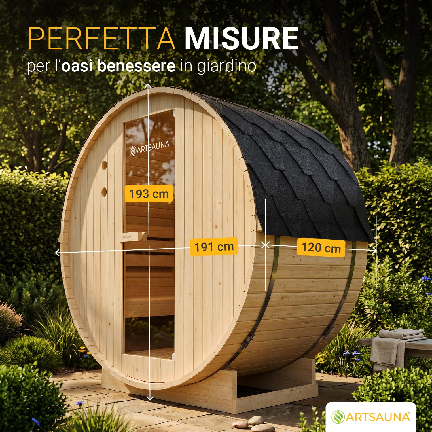 Artsauna Sauna a botte per esterni Spitzbergen 120 per 2 persone – stufa da 3,6 kW, pietre per sauna e accessori – botte per sauna in legno di abete – sauna esterna da giardino