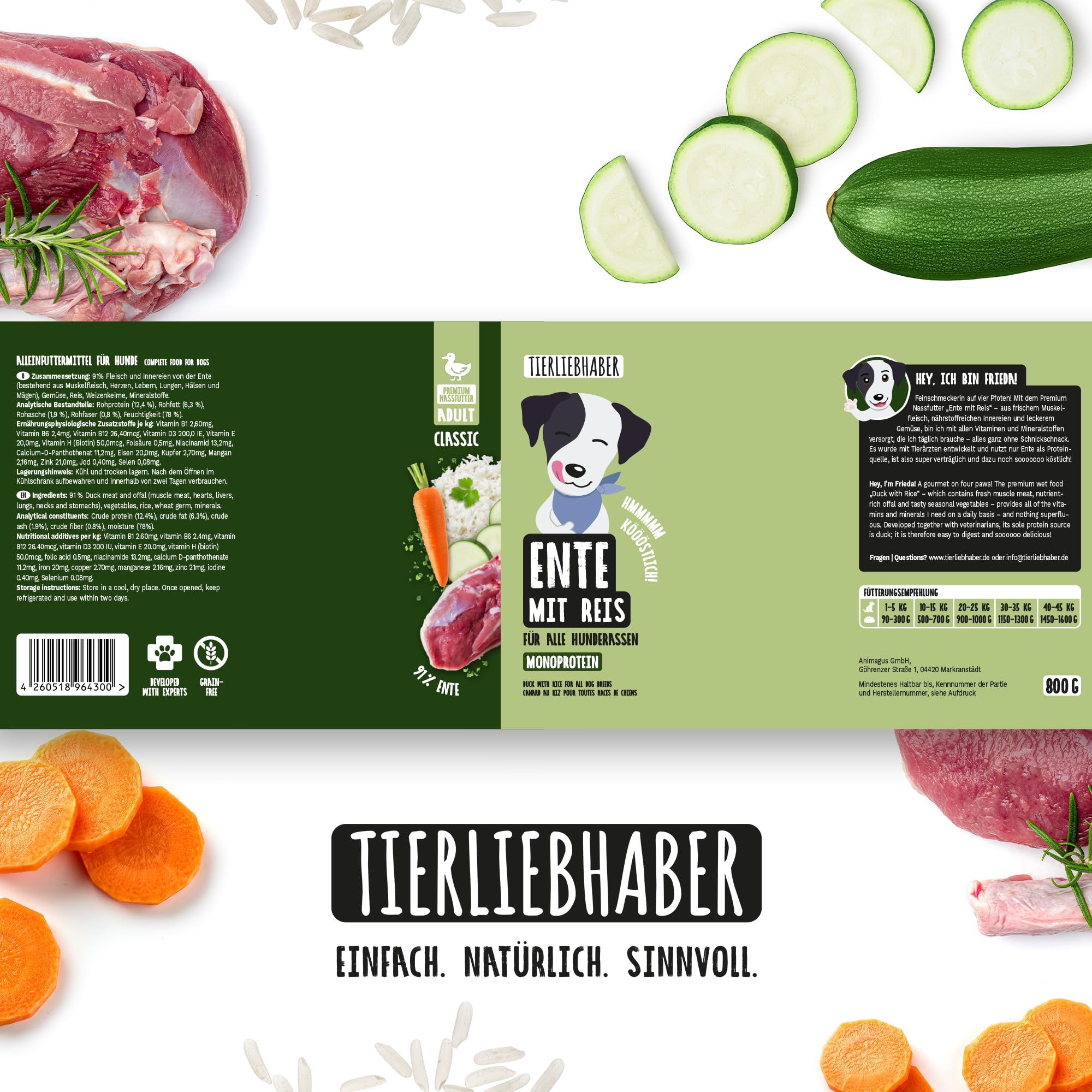 Hundefutter Nass 800g Ente & Reis – Hunde Nassfutter 12x800g Dog Food | Tierärztlich entwickeltes Nassfutter für Hunde mit 91% Fleischanteil – Hunde Futter leicht verdaulich von TIERLIEBHABER