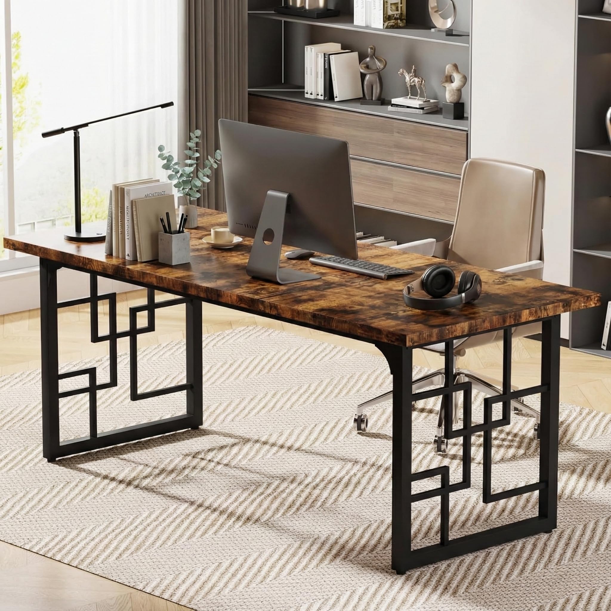 Lailang 160cm Scrivania Ufficio 160x80, Scrittoio Vintage, Scrivania Porta PC E Stampante, Tavolo Legno, Tavolo Riunioni Ufficio, Scrivania Grande, 160 x 80 x 75 cm, Rovere E Nero