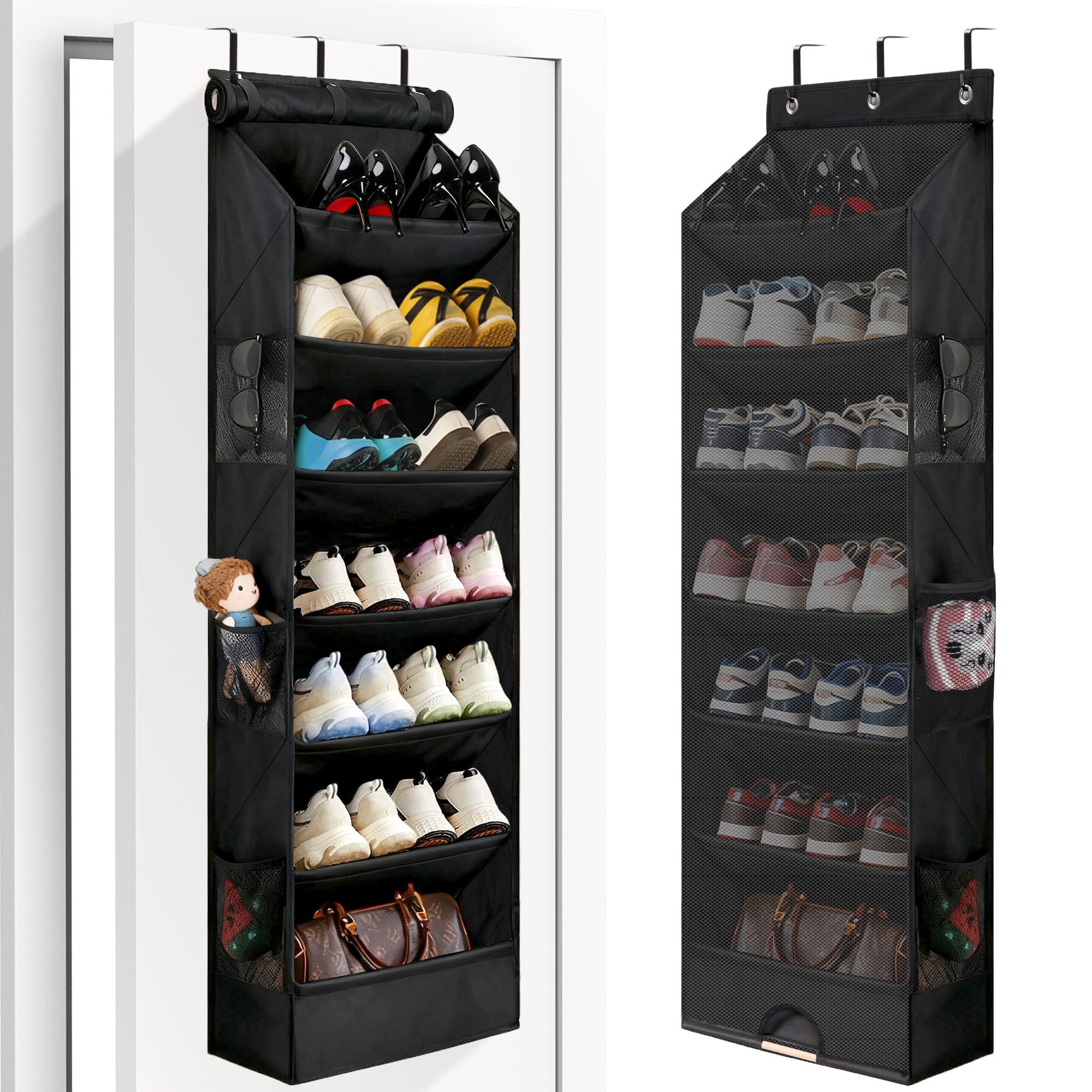 Erogeen 7 Tier Over the Door Shoe Organizer, Hanging Shoe Rack for Closet with Dustproof Mesh Curtain & 6 Side Pockets, Behind the Door Narrow Shoe Holder Hanger for Sneakers, Boots (Black)