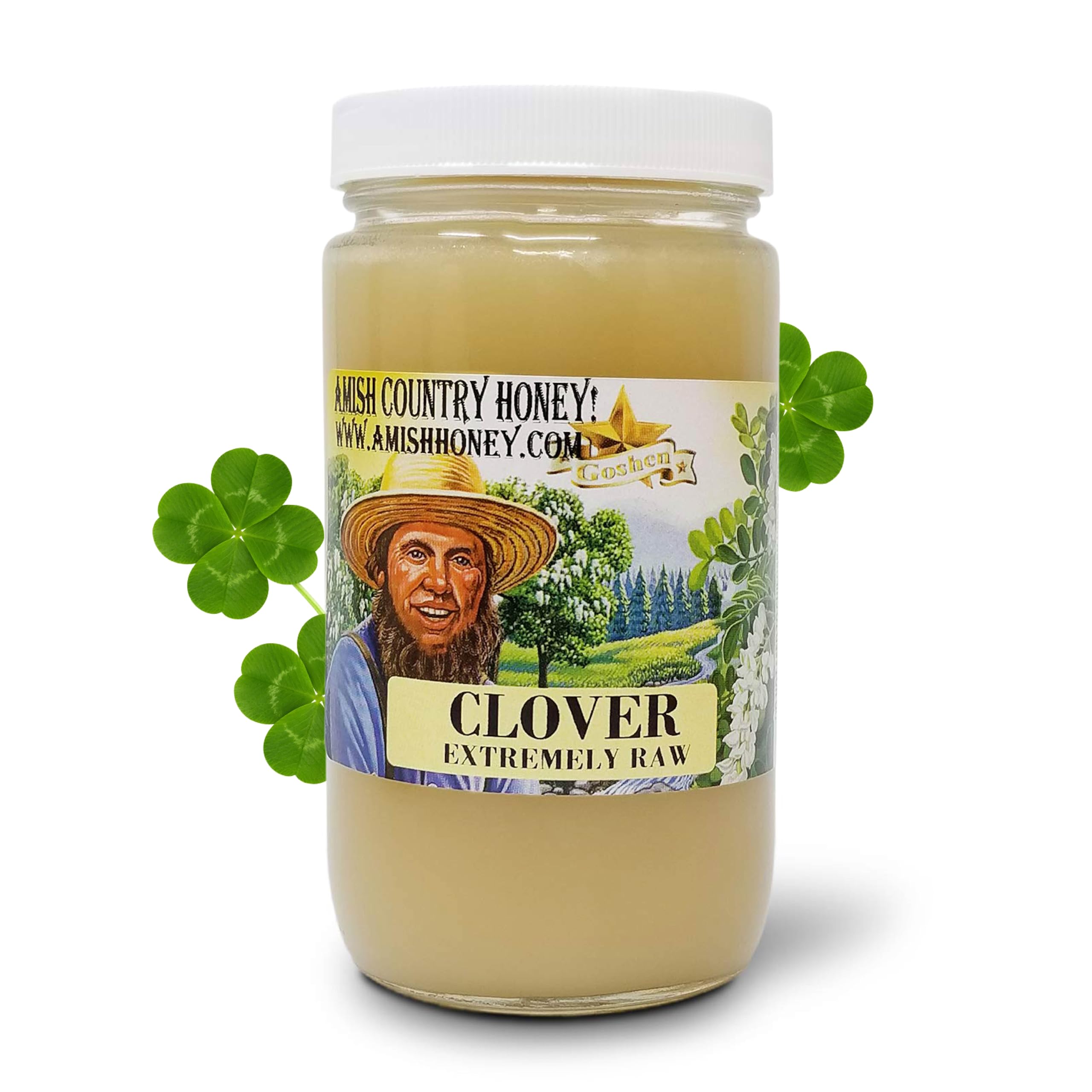 Goshen Amish Country Extremely Raw Clover Honey - Unfiltered, Unprocessed, Pure & Natural - Harvested in the USA - Rich Flavor for Tea, Cooking, Wellbeing - Kosher Certified - 16oz Glass Jar