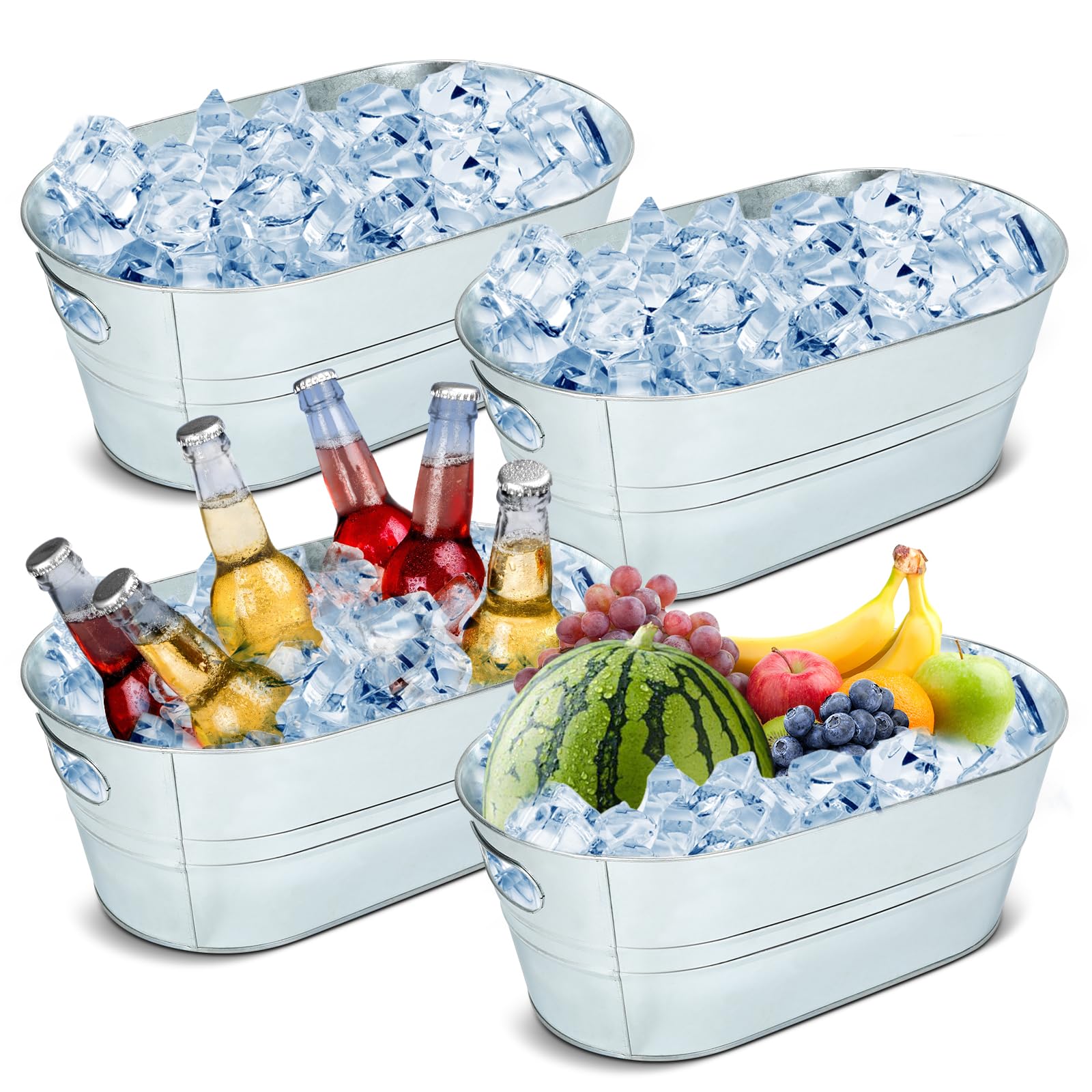 dndsim 4PCS 3 Gallon Galvanized Tub, Beverage Tub, Ice Buckets for Parties With Carry Handles, Drink Buckets for Parties, Beverage Tubs for Parties, Mimosa Bar Supplies, Large, Silver