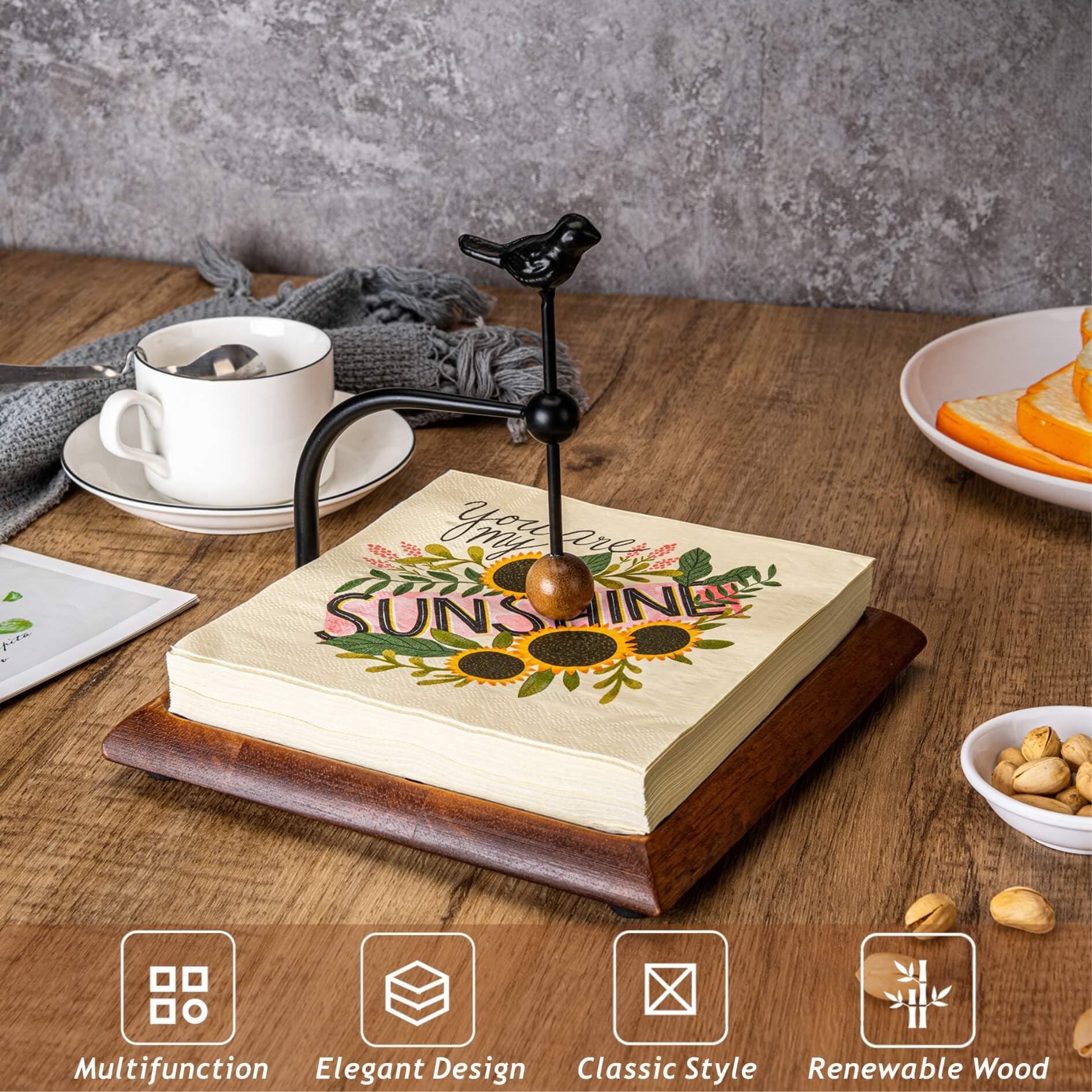 Servilletero para mesa, servilleteros de madera para servilletas de papel, servilletero de cóctel, servilletero plano de madera con brazo pesado y mango en forma de pájaro para cocina, hotel,