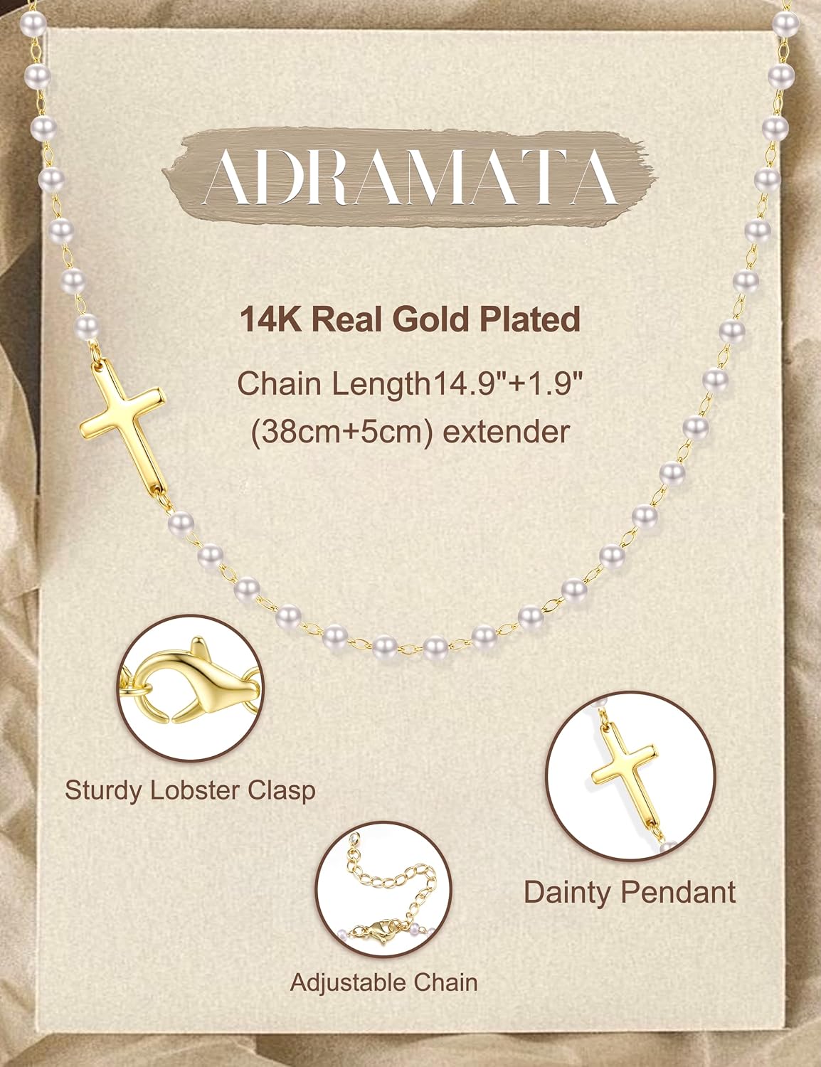 ADRAMATA Pearl Cross Necklace for Women - 14K Gold Plated Small Cross Pendant Choker Necklace Trendy Dainty Religious Baptism Wedding Faith Jewelry Gifts
