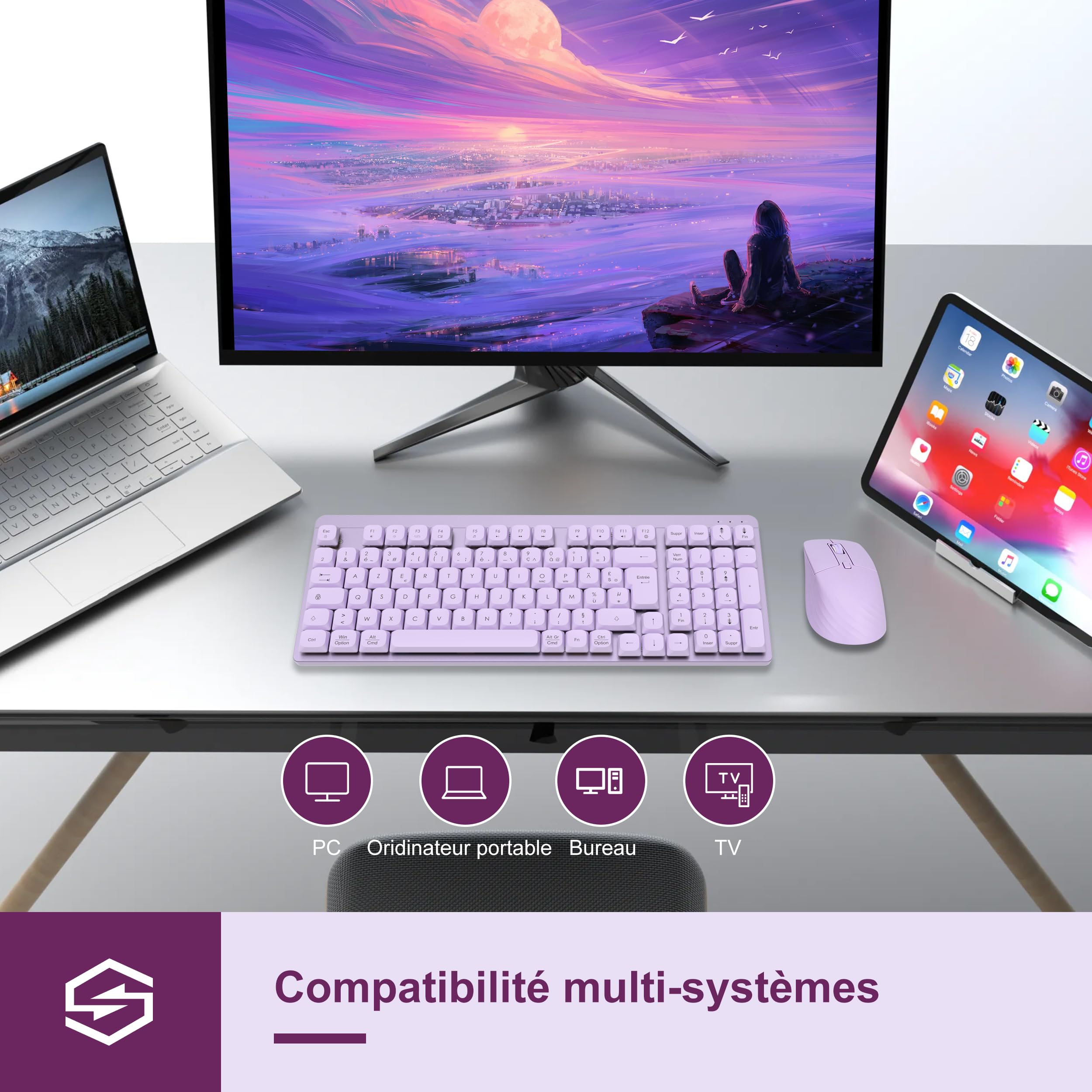 LeadsaiL Clavier Souris Mécanique sans Fil, FA98 Low Profile Ensemble Clavier et Souris avec Interrupteur Rouge, Français AZERTY, Connexion 2.4Ghz, 98 Touches for Windows MacOS Computer PC-Pourpre