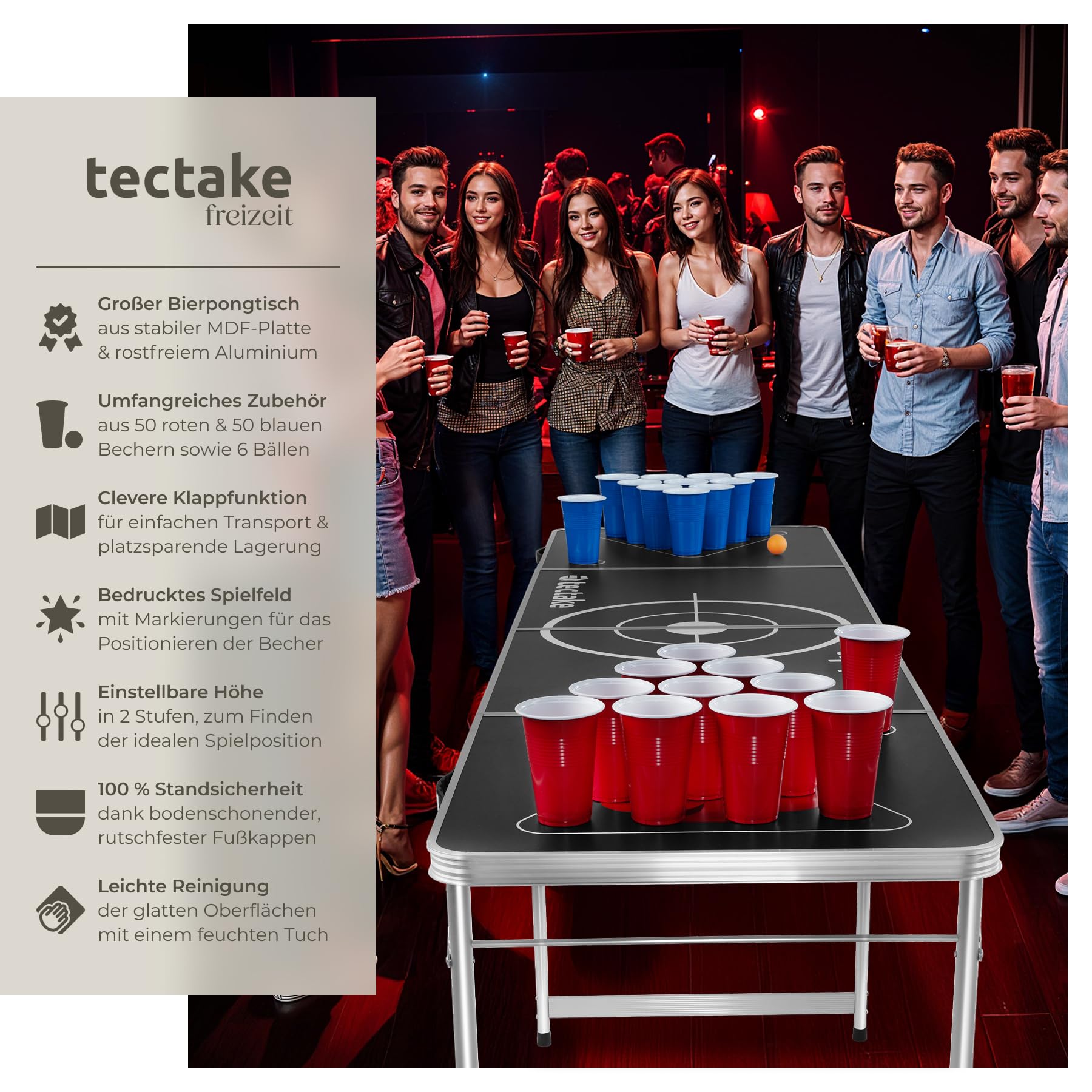 tectake® Bierpong Tisch, Beer Pong Tisch, inkl. 100 Becher (50 rot & 50 blau) und 6 Bälle, höhenverstellbar, Tisch klappbar mit Tragegriffen, Partyspiele für Erwachsene, Trinkspiel, Beer Pong