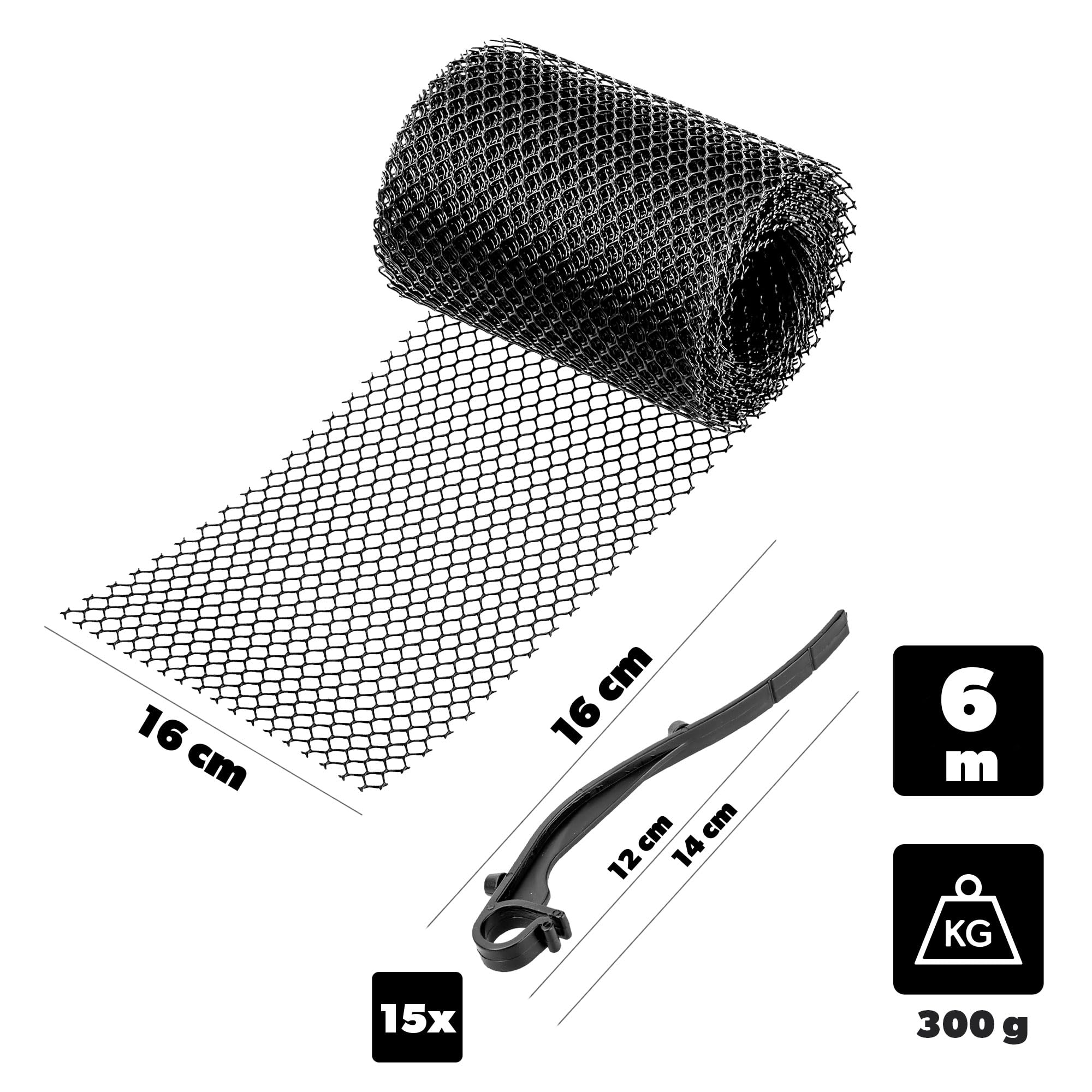 KADAX 2 x kratka ochronna do rynien dachowych, 16 cm x 6 m, ochrona przed liśćmi z tworzywa sztucznego, do rynien deszczowych, kratka ochronna z klipsami mocującymi, ochrona rynny dachowej