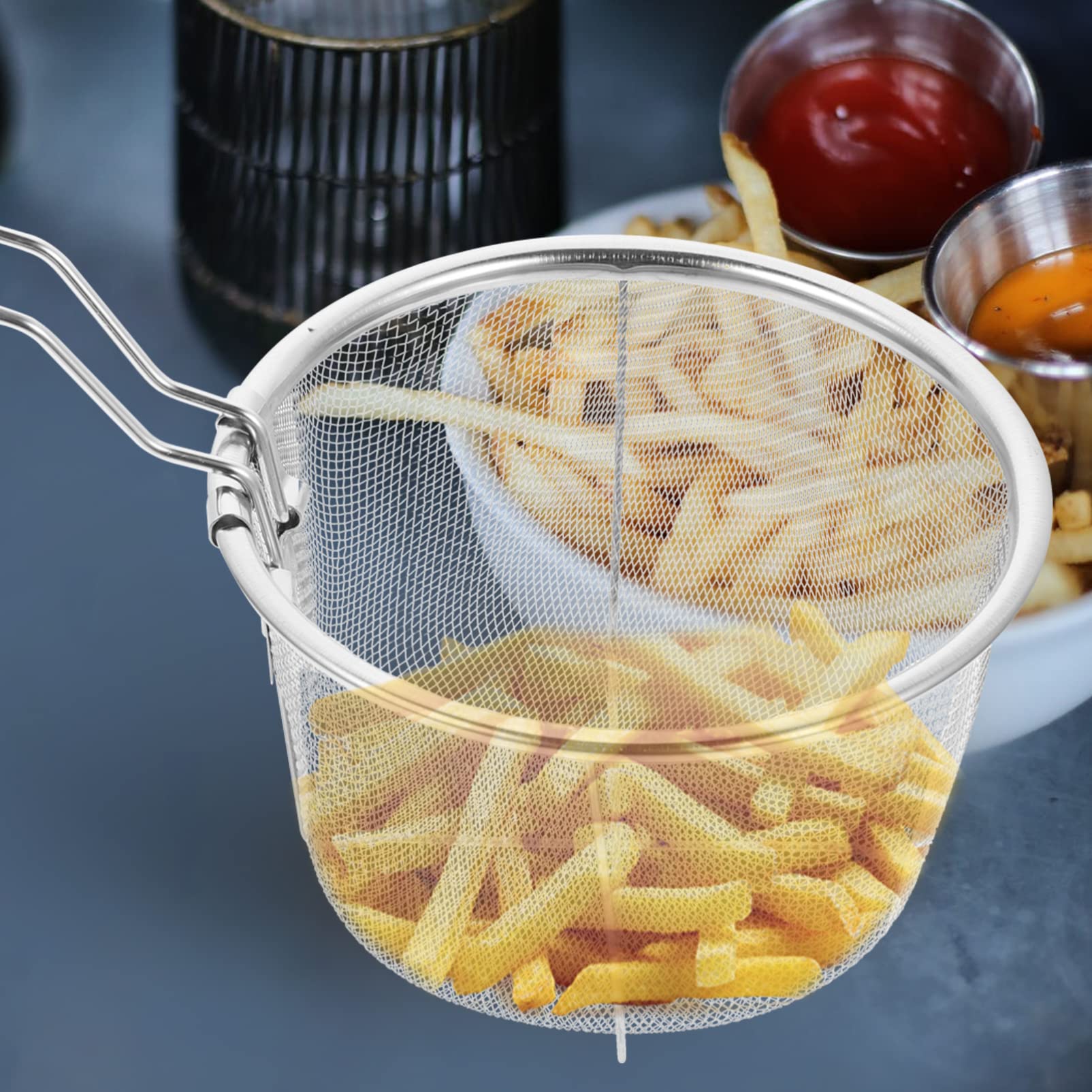 Cestello per friggitrice in acciaio inox, rotondo, con manico, per patatine fritte, pasta, spaghetti e patatine fritte, supporto per friggitrice