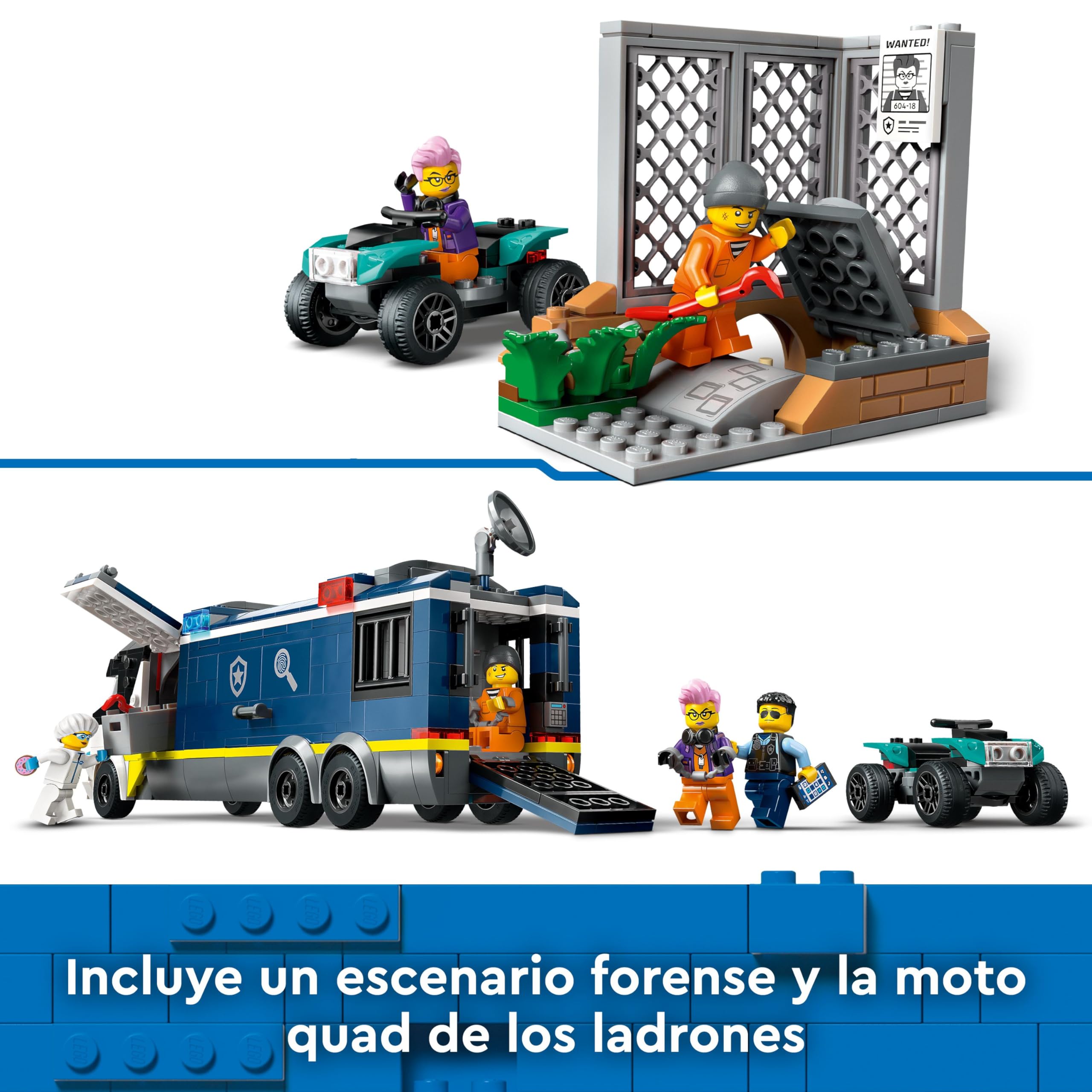 LEGO City Laboratorio de Criminología Móvil de la Policía, Regalo para Niños y Niñas de 7 Años o Más, Quad de Juguete y Minifiguras de Agentes, Científico y Ladrones, Juego de Roles 60418