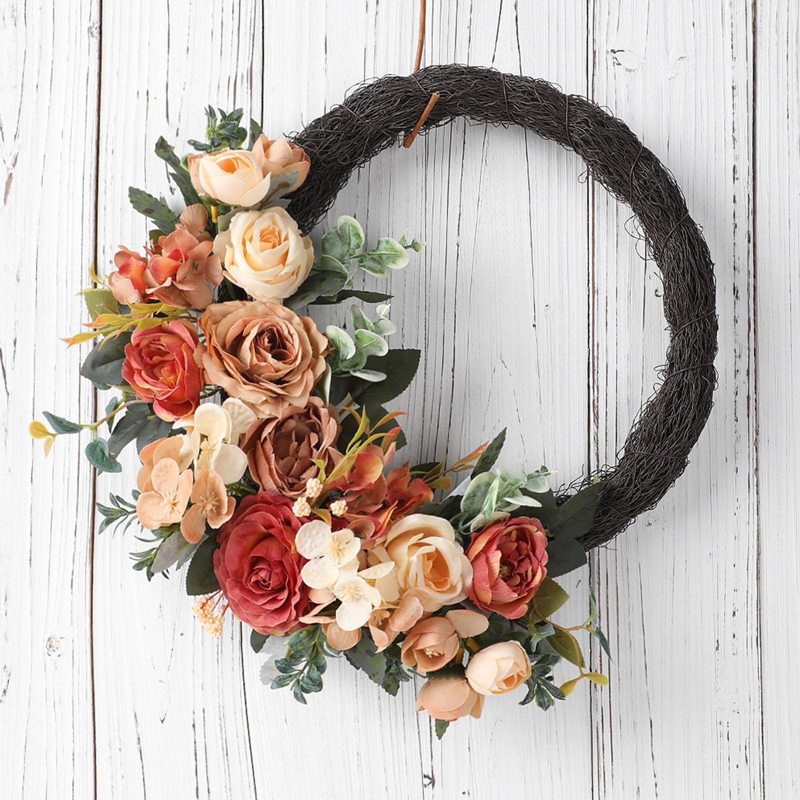 RIZGHWOY Ghirlanda di Fiori Artificiali, con Realistica Composizione Floreale di Rose di Seta Decorazione Rustica da Appendere Alla Porta Primaverile Estiva per il Matrimonio (Ghirlanda di rose