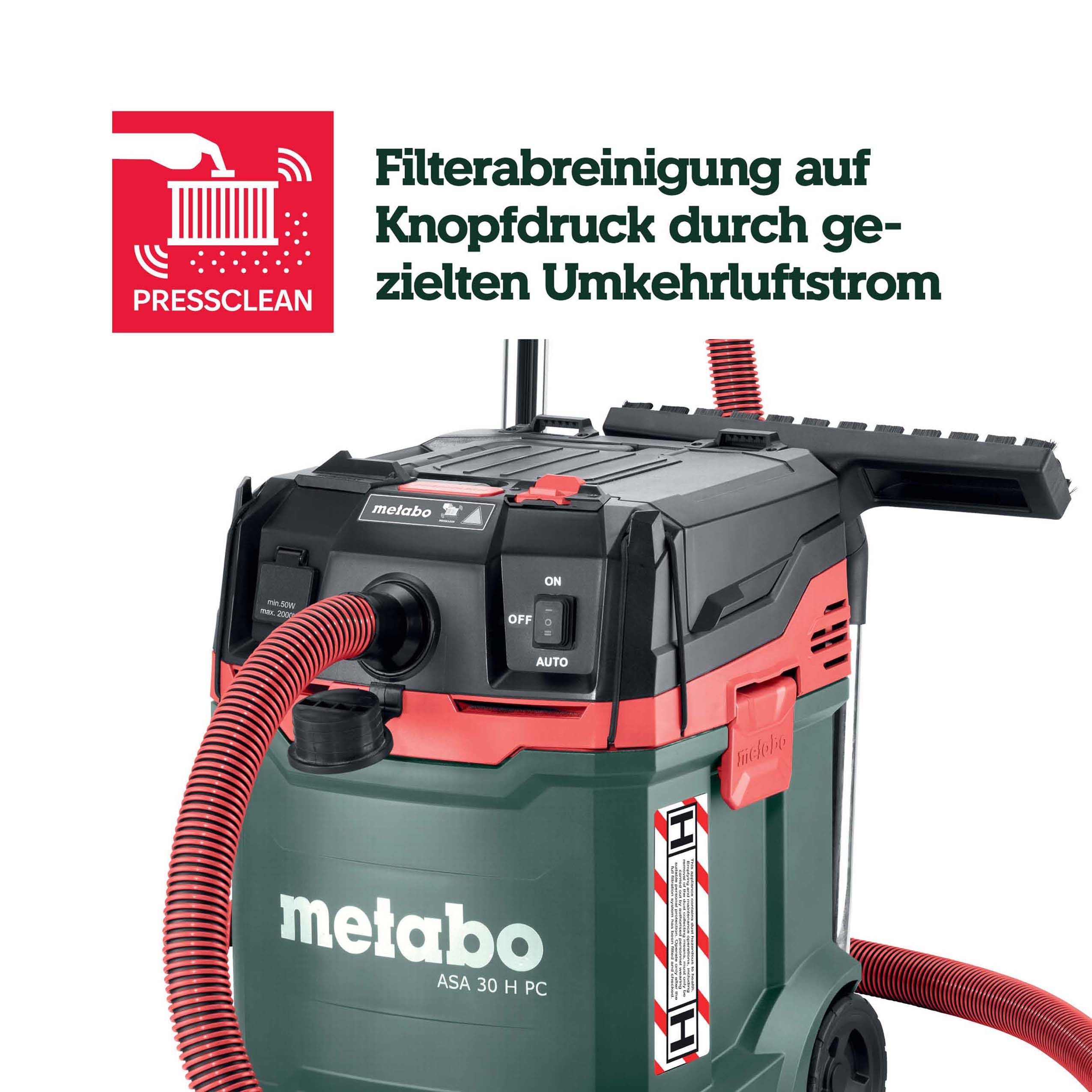 metabo ASA 30 H PC Allessauger, Nass-Trockensauger Staubklasse H, 1200 W | Industriesauger mit 30 l Behälter, PressClean Filterreinigung und Antistatik-Schlauch, ohne Akku, 8 m Kabel, inkl. Düsen