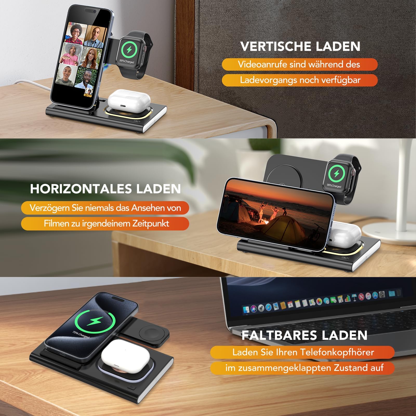 Aimtel 3 in 1 Induktive Ladestation Faltbare&Nachtlichter Kompatibel mit iPhone 17/17 Pro/17 Pro Max/17 Air/16/15/14/13,Apple Watch 11/Ultra 3/10/9/8/SE 3 für Air-Pods Pro/4/3/2 Kabelloses Ladegerät