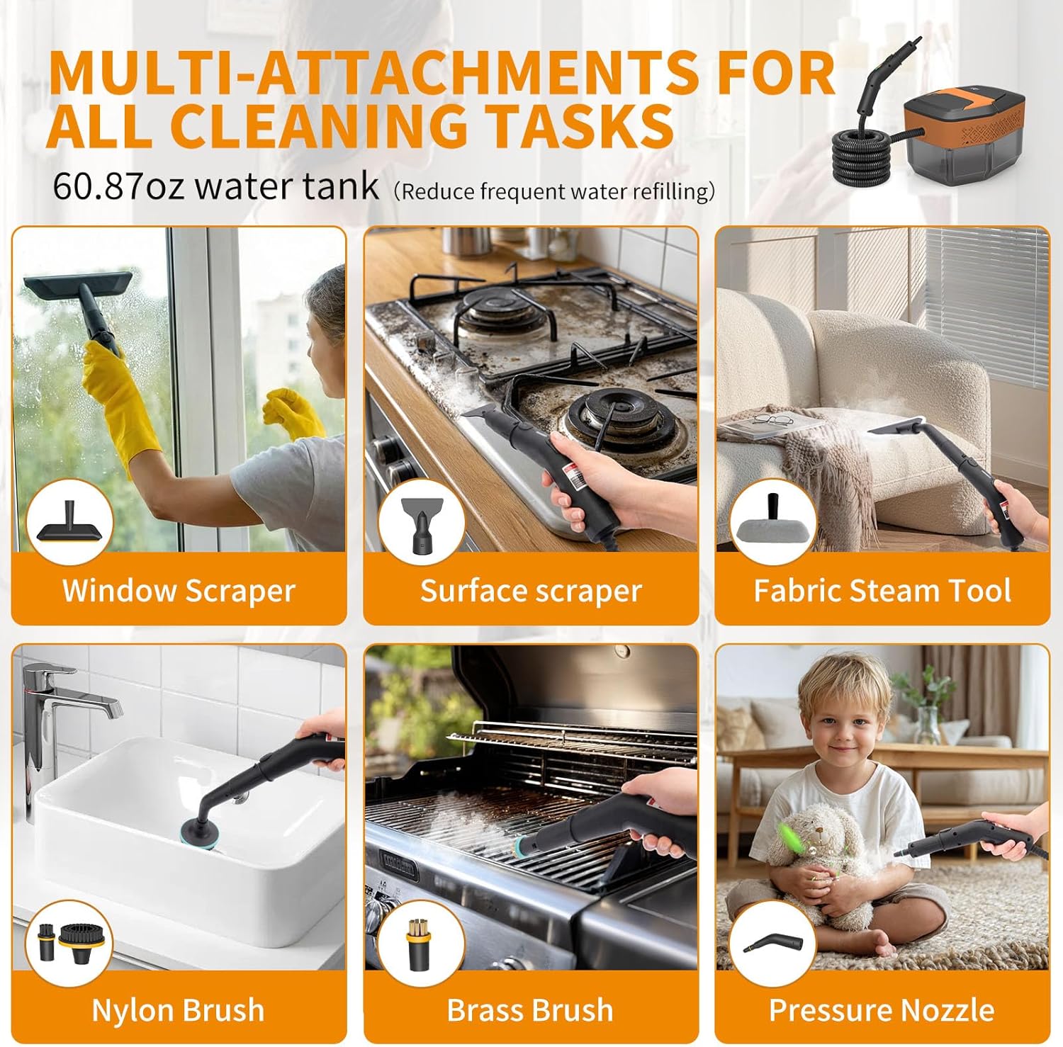 Steam Cleaner,3-Level Adjustable Handle,60.87oz Tank 15s Heat-Up,2500w Portable Steamer for Cleaning,Handheld Steam Cleaner for Home for Dirt,Grease,Bed Bugs,Grout,Tile,Floor,Car - Image 5