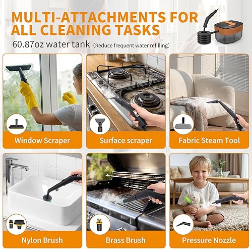 Miniatura 5 de Limpiador a vapor, mango ajustable de 3 niveles, tanque de 60.87 onzas de calentamiento de 15 segundos, vaporizador portátil de 2500 W para