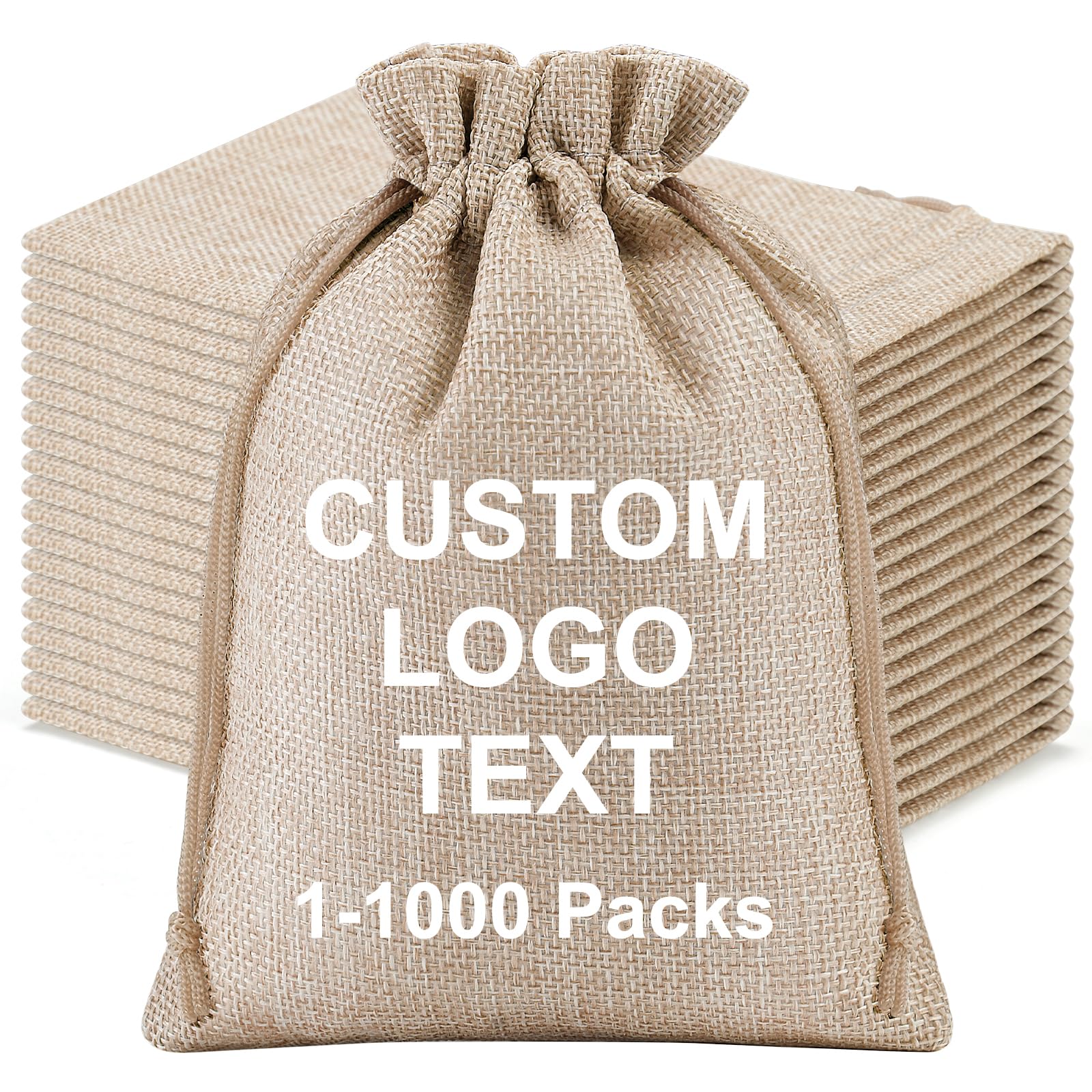 50 Packs Personalised Burlap Drawstring Bags with Logo - Bulk Custom Hessian Reusable Gift Sacks for Jewellery, Essential Oils, Wedding Favours & Christmas