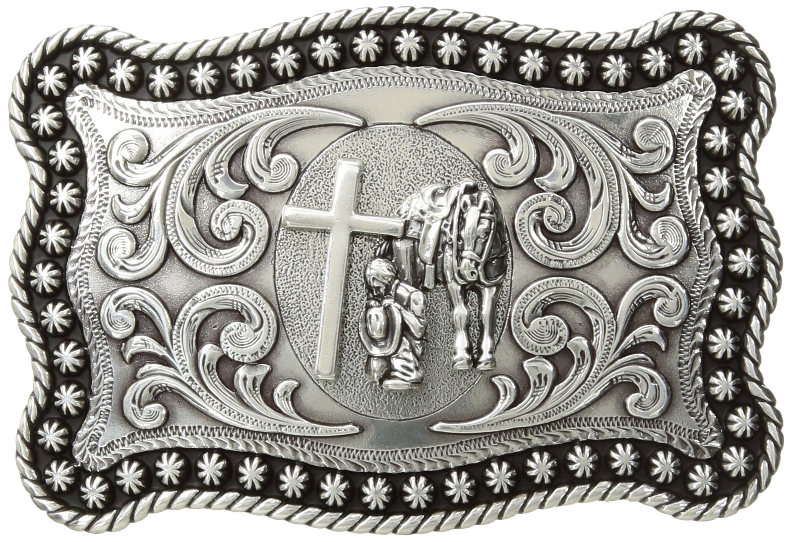 Nocona Men's Scaloped Rectangle Prayer Buckle, Silver, One Size