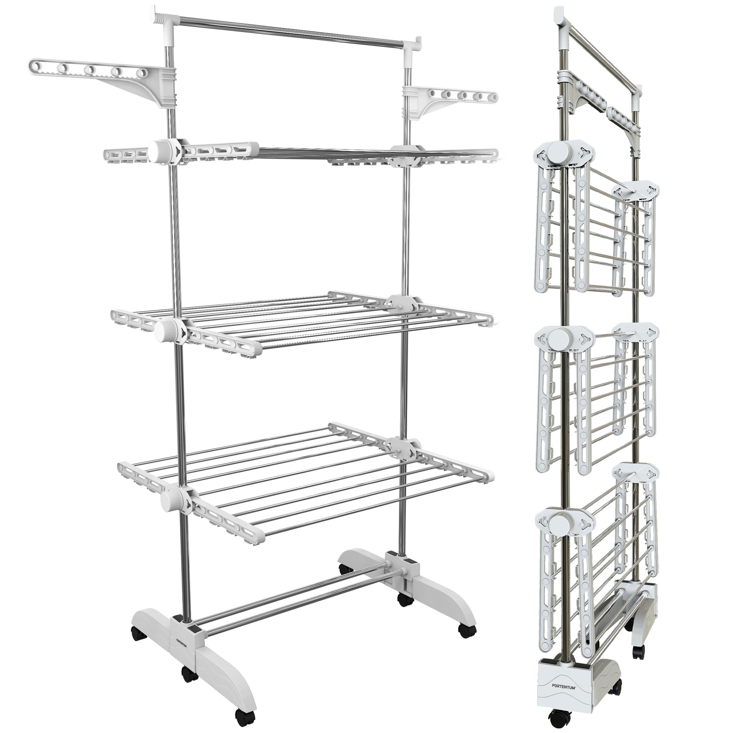 PORTENTUM Tendedero Vertical Plegable 14 cm – 5 Niveles y 58 Ganchos para Perchas – hasta 40 kg – Tenderete 24 Barras de Secado de Acero Inoxidable – Interior y Exterior – Ruedas giratorias con Freno