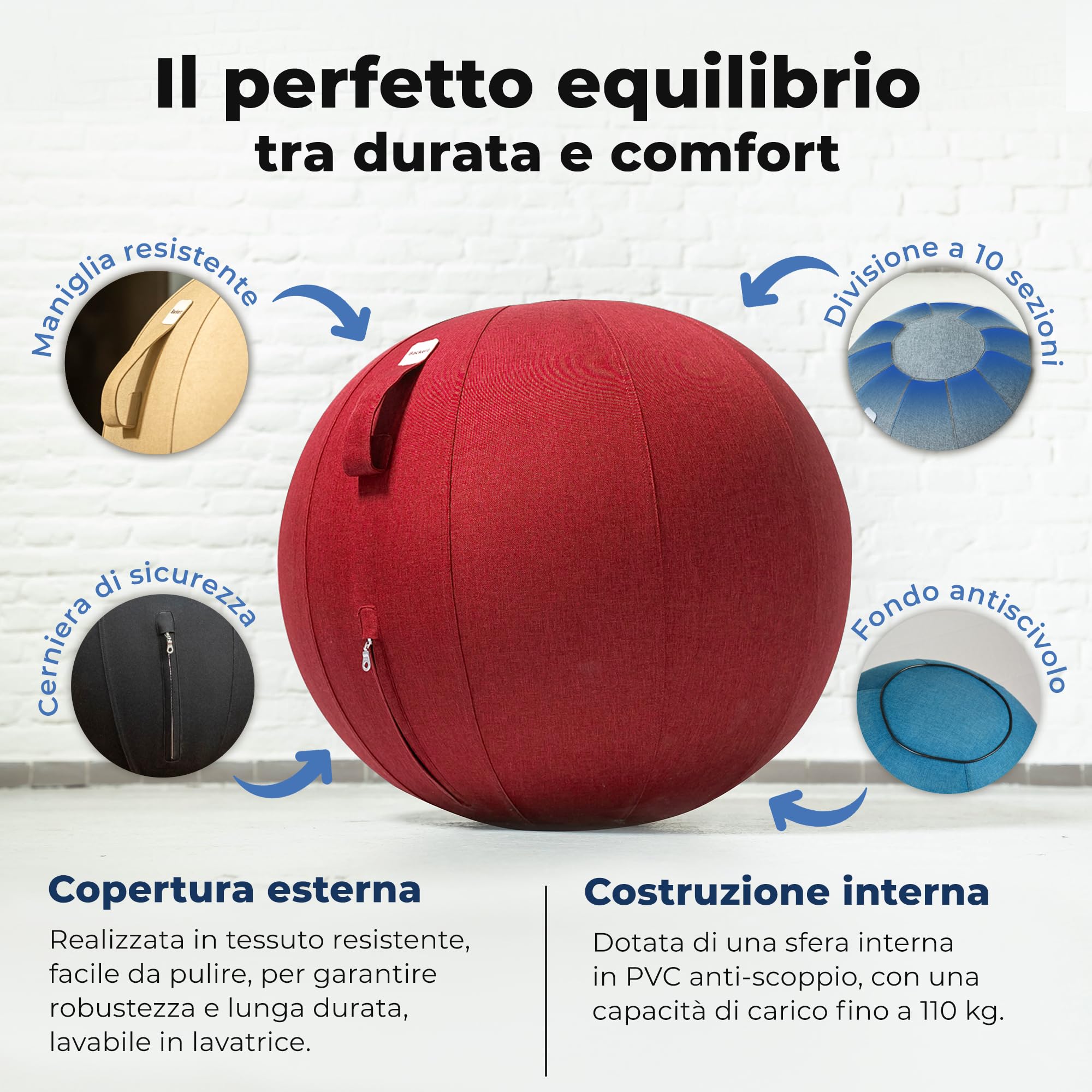 Backerz Palla Seduta Ufficio di dimensioni 55CM 65CM 75CM - Palla Fitness 110 kg portata Palla Ginnastica con rivestimento in lino per tonificazione, e postura corretta