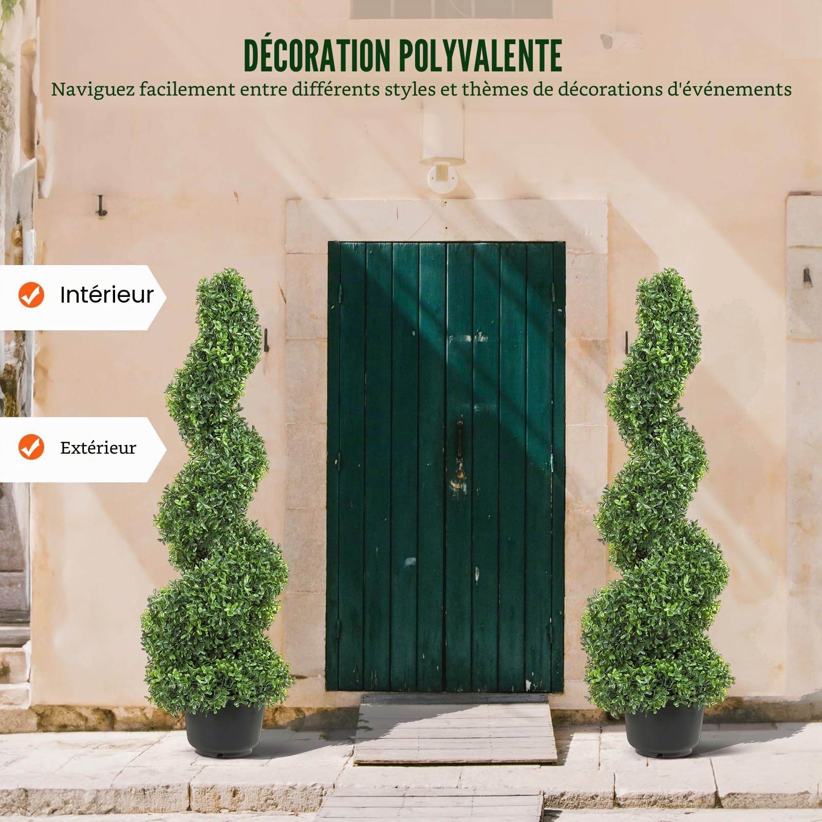 VEVOR Buis Topiaire Artificiel 91 cm Buis Artificiel Extérieur en Spirale 2 Fausses Plantes en PE 10 Feuilles Remplaçables avec Pot sans Odeur pour Décoration Intérieur Jardin Terrasse Balcon Entrée