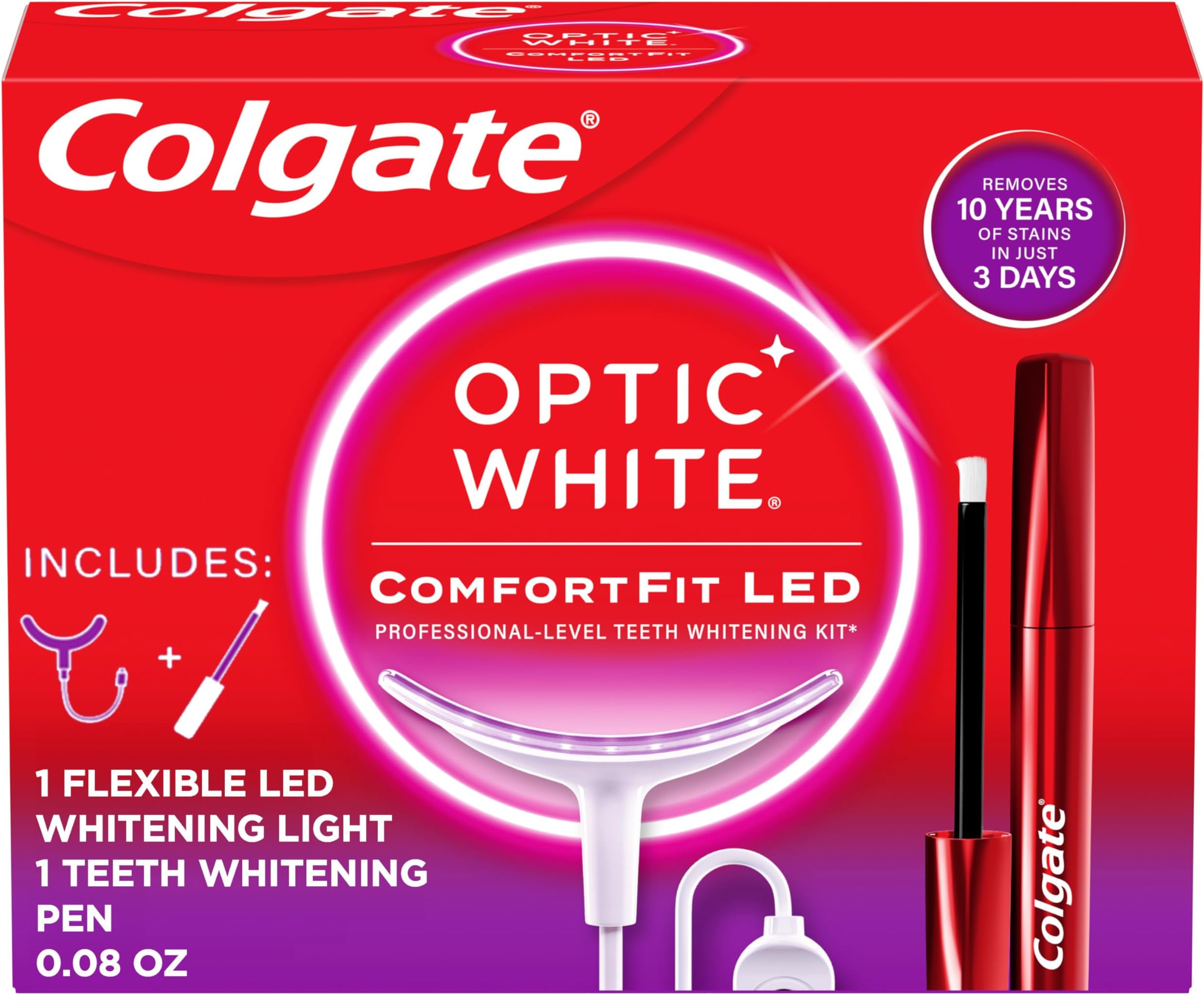 Colgate Optic White ComfortFit LED Teeth Whitening Kit, Hydrogen Peroxide Teeth Whitening Gel Kit, Helps Remove 10 Years of Stains, Enamel Safe, Includes Whitening Pen and Flexible LED Light