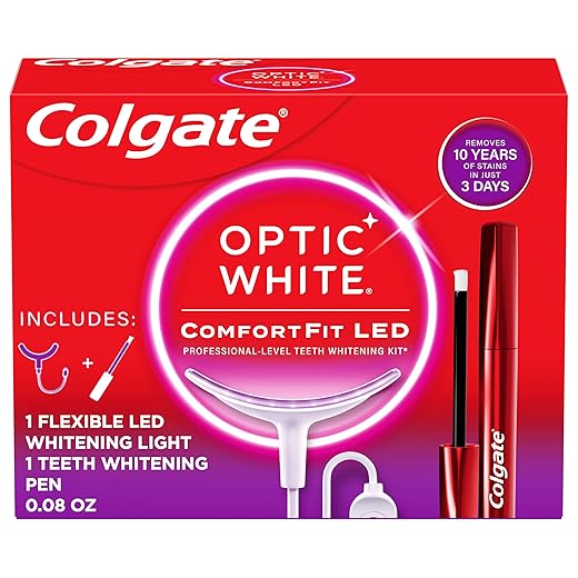 Colgate Optic White ComfortFit Teeth Whitening Kit with LED Light and Whitening Pen, Enamel Safe, Works with iPhone and Android