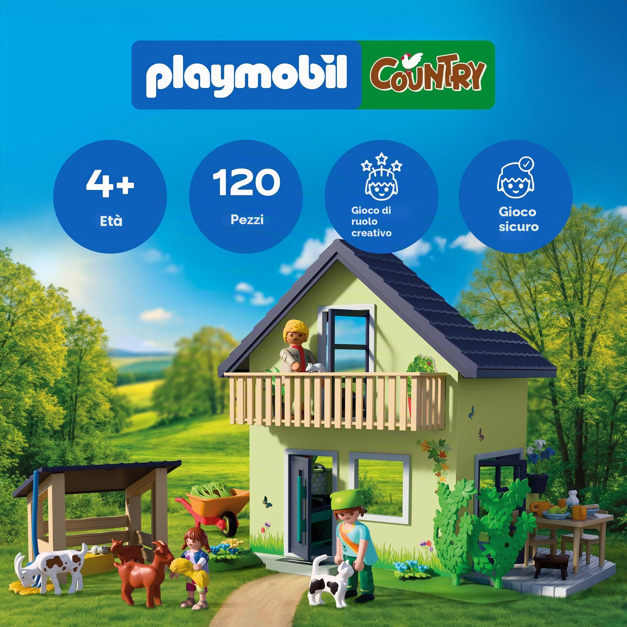 PLAYMOBIL | Country | Casa di campagna | Casa abitabile con balcone, cucina, letti, animali e accessori completi | Per bambini da 4 anni | 72162