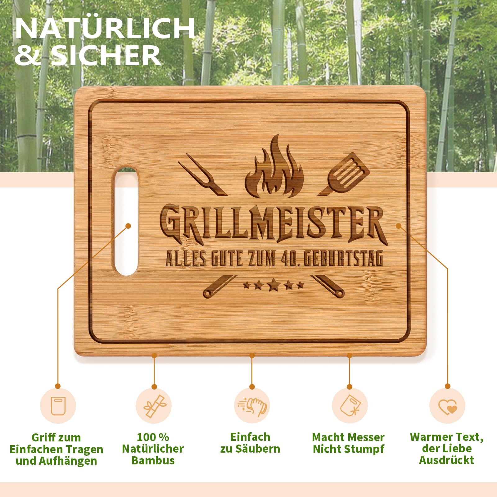 CheriGift 40 Geburtstag Männer - Grill Meister Bambus Schneidebrett, Grill Geschenke zum 40 Geburtstag Mann Papa Freund Onkel Bruder Patenonkel