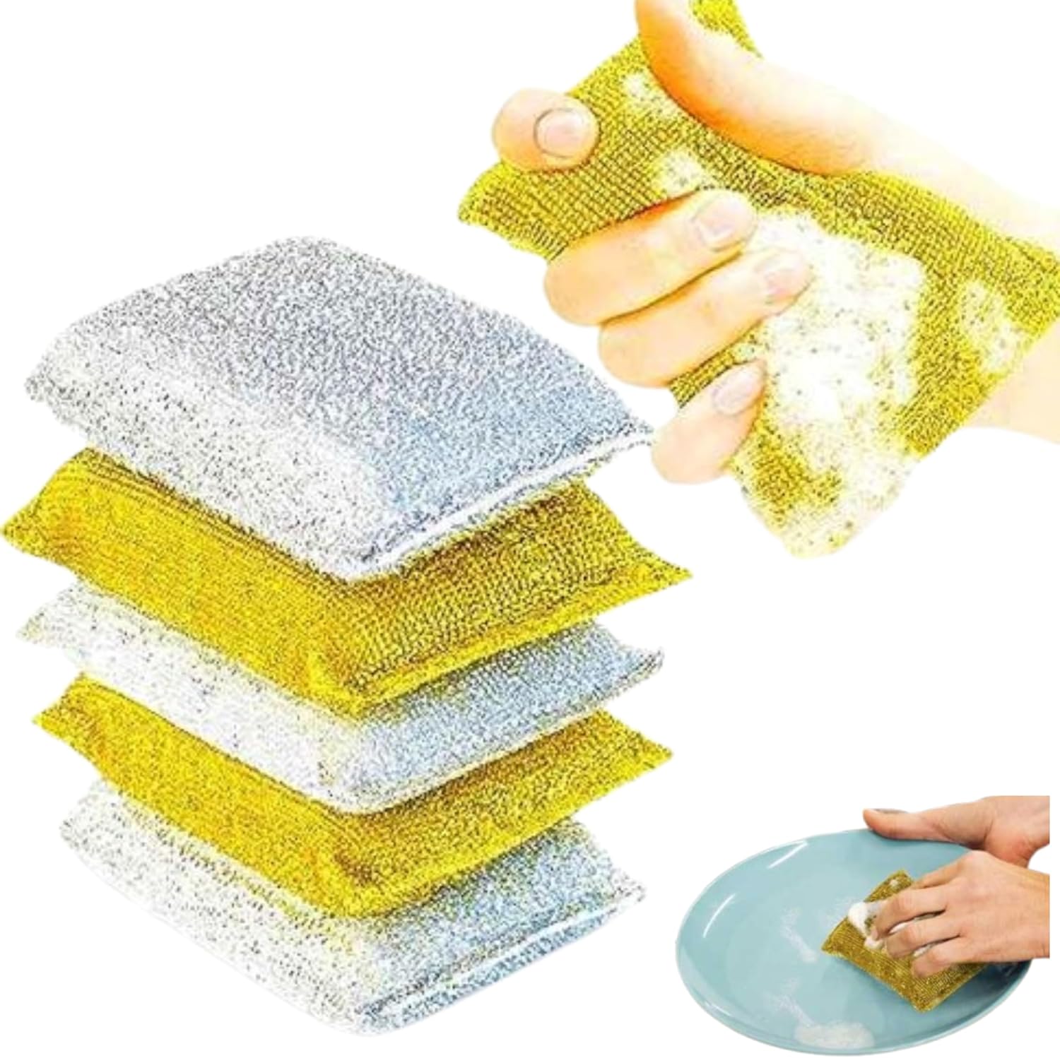 5 Pcs Dual Sided Kitchen Sponges, Gold and Silver, No Scratch, Odour Resistant, Multi Use Cleaning, Essential Kitchen Supplies
