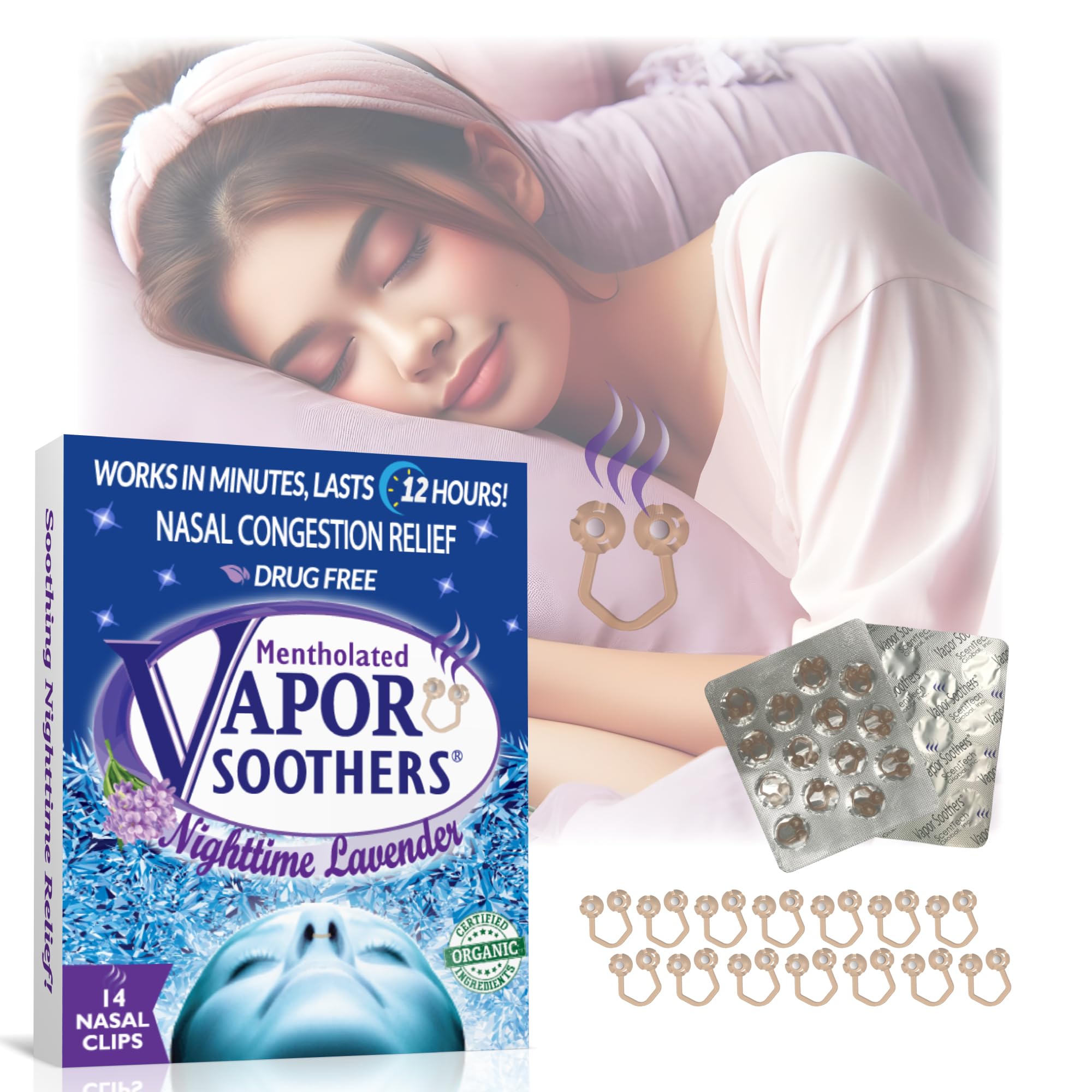 Nose Clips for Bad Smell by Vapor Soothers | Nasal Dilators for Breathing | Smell Nose Rings for Nurses | Instant Nasal Congestion Relief, Drug-Free | Nighttime Lavander, 28 Count: 28 Count Nighttime Lavender