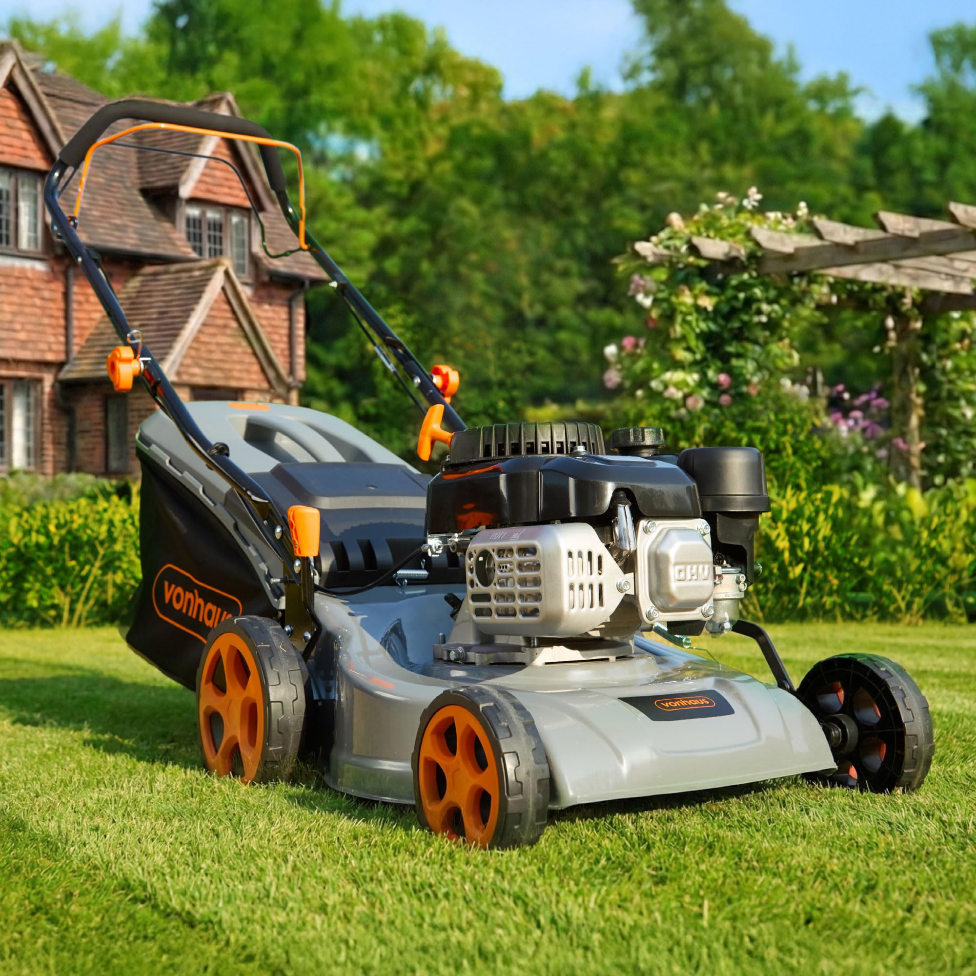 VonHaus Petrol Lawnmower 132cc – Self Propelled Lawn Mower for All Types of Grass/Gardens – 40L Collection Bag, 40cm Working Width, 7 Height Settings — view 9