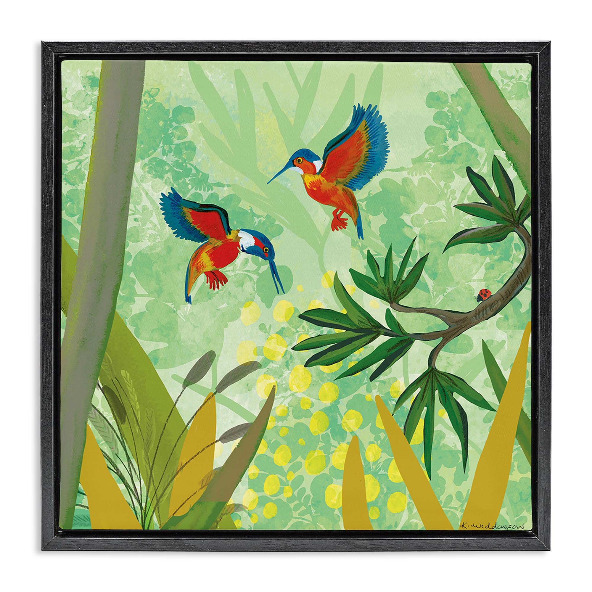 Stupell Industries Jet Black (Matte) 'Kingfishers In Jungle Branches'| Floating Frame Canvas Art