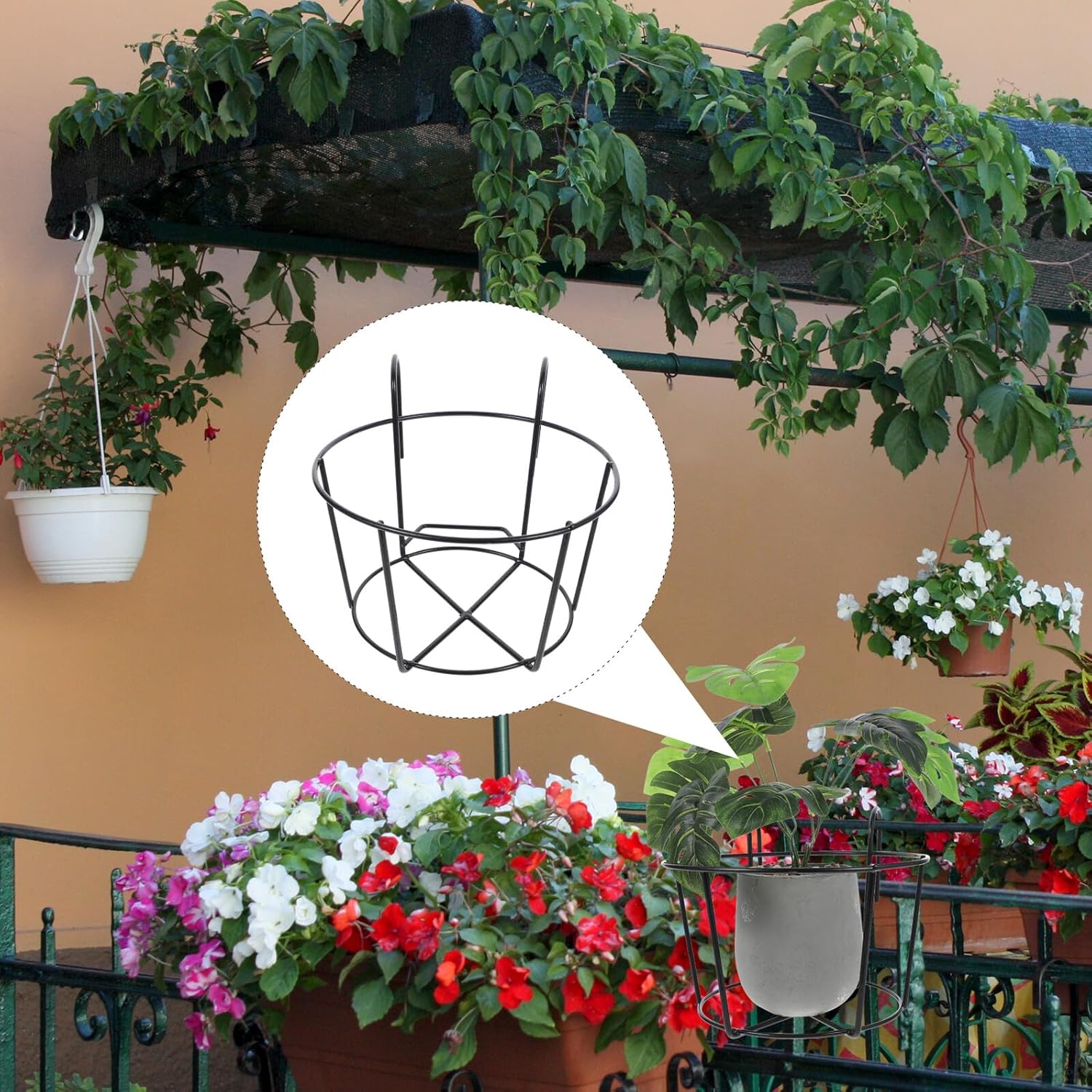 ARTIBETTER 2pcs Large Black Iron Art Hanging Plant Stand Hooks for Balcony Railing, Over Railing Flower Pot Holders Suitable for Outdoor Garden Deck Planters