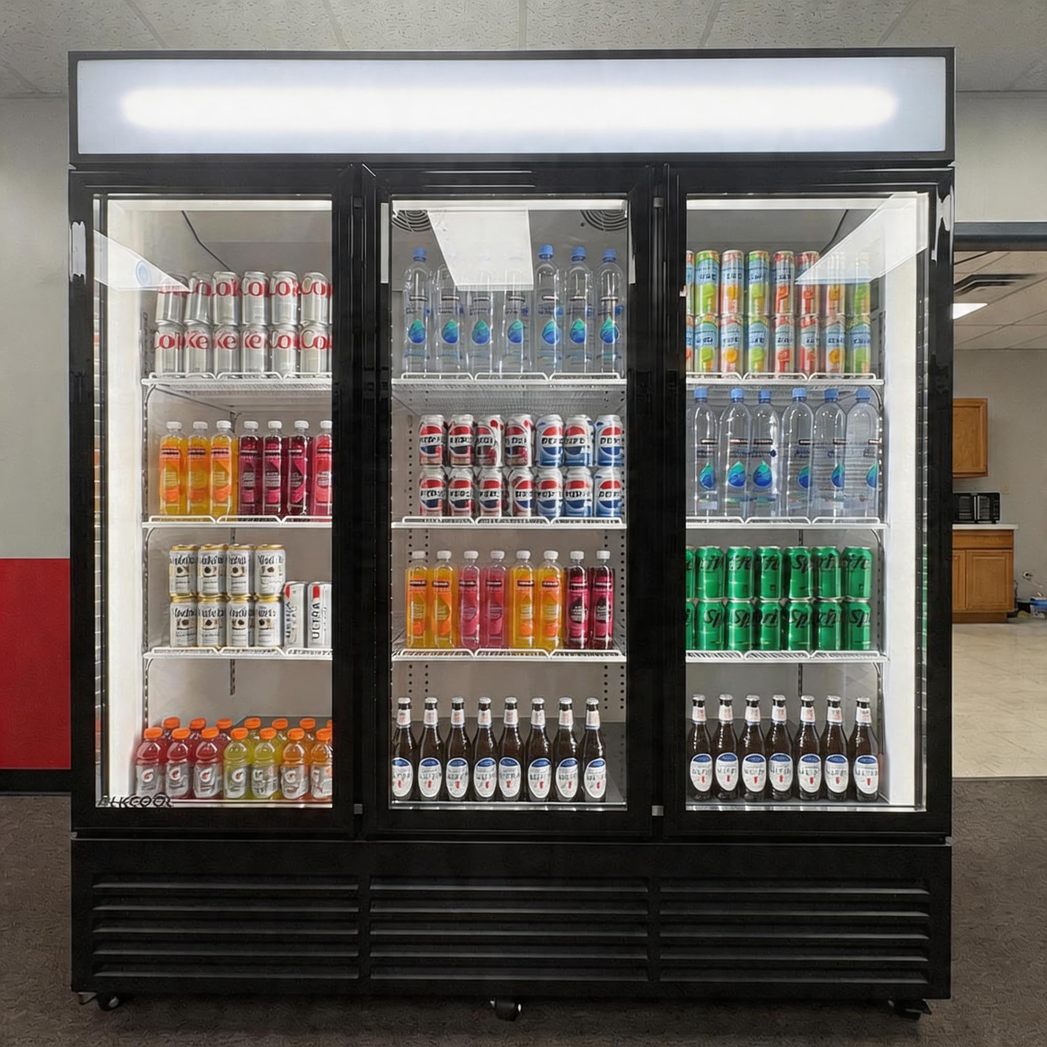 Nafcoool 71” Wide Commercial Beverage Refrigerator Display Fridge, Three Glass Door Merchandiser Drink Cooler With LED Light 9 Adjustable Shelves,Etl Sanitation,63.5 Cu Ft,Black,Wheels Included | Fridge.com