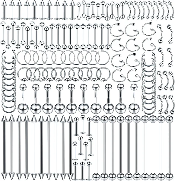 Oveta 55-150PCS Body Piercing Jewelry Lot 14G 16G 20G Stainless Steel Nose Lip Tongue Cartilage Tragus Eyebrow Industrial Barbell Belly Button Rings Piercing Kit Jewelry