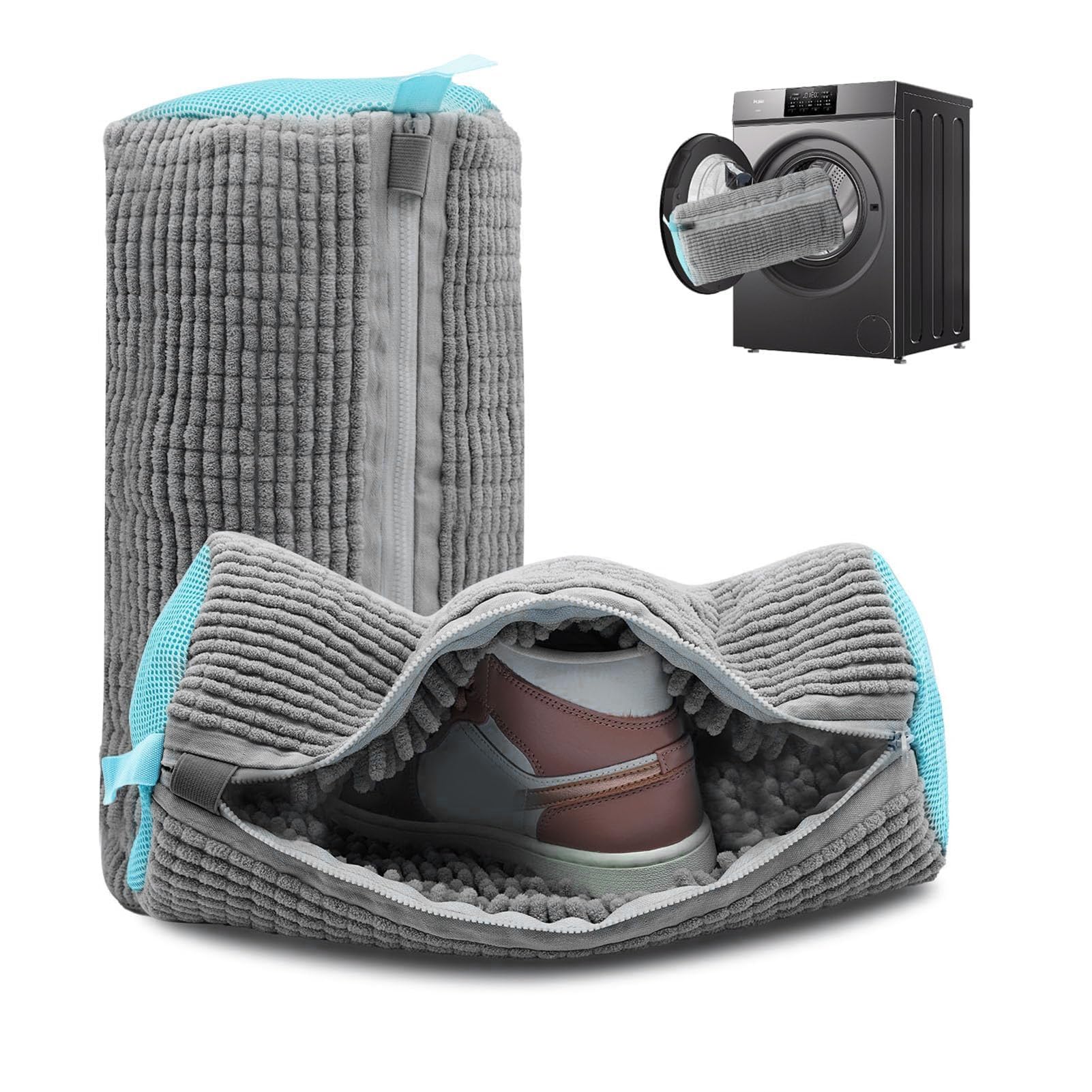 Set 2 Sacchetti Per Lavare Scarpe In Rete Resistente, 39x19 Cm, Con Cerniera Protetta E Chiusura A 360°, Grigio, Per Lavatrice E Viaggi