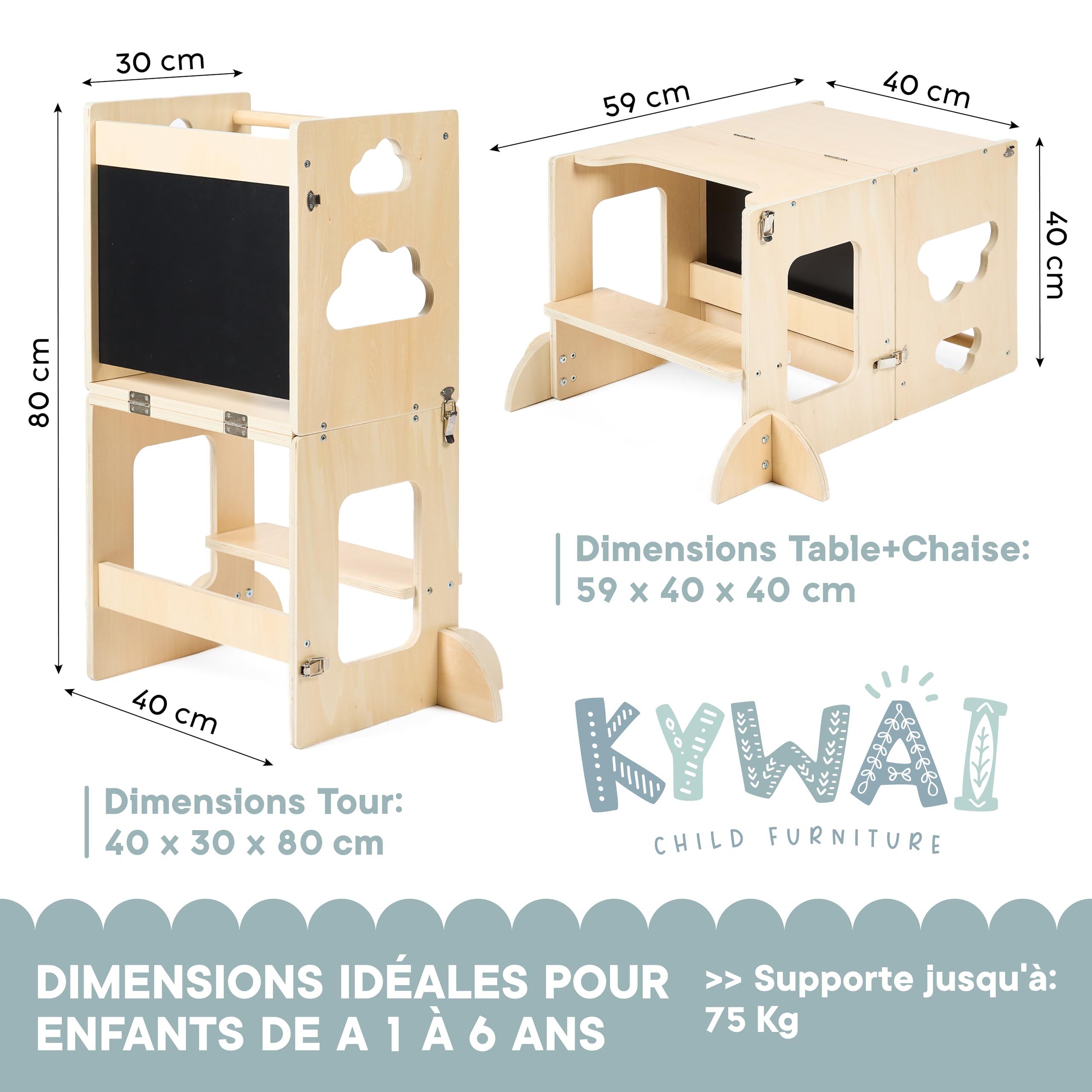 Tour d'observation enfant Montessori pliable 3 en 1 convertible en bureau avec ardoise, bois FSC